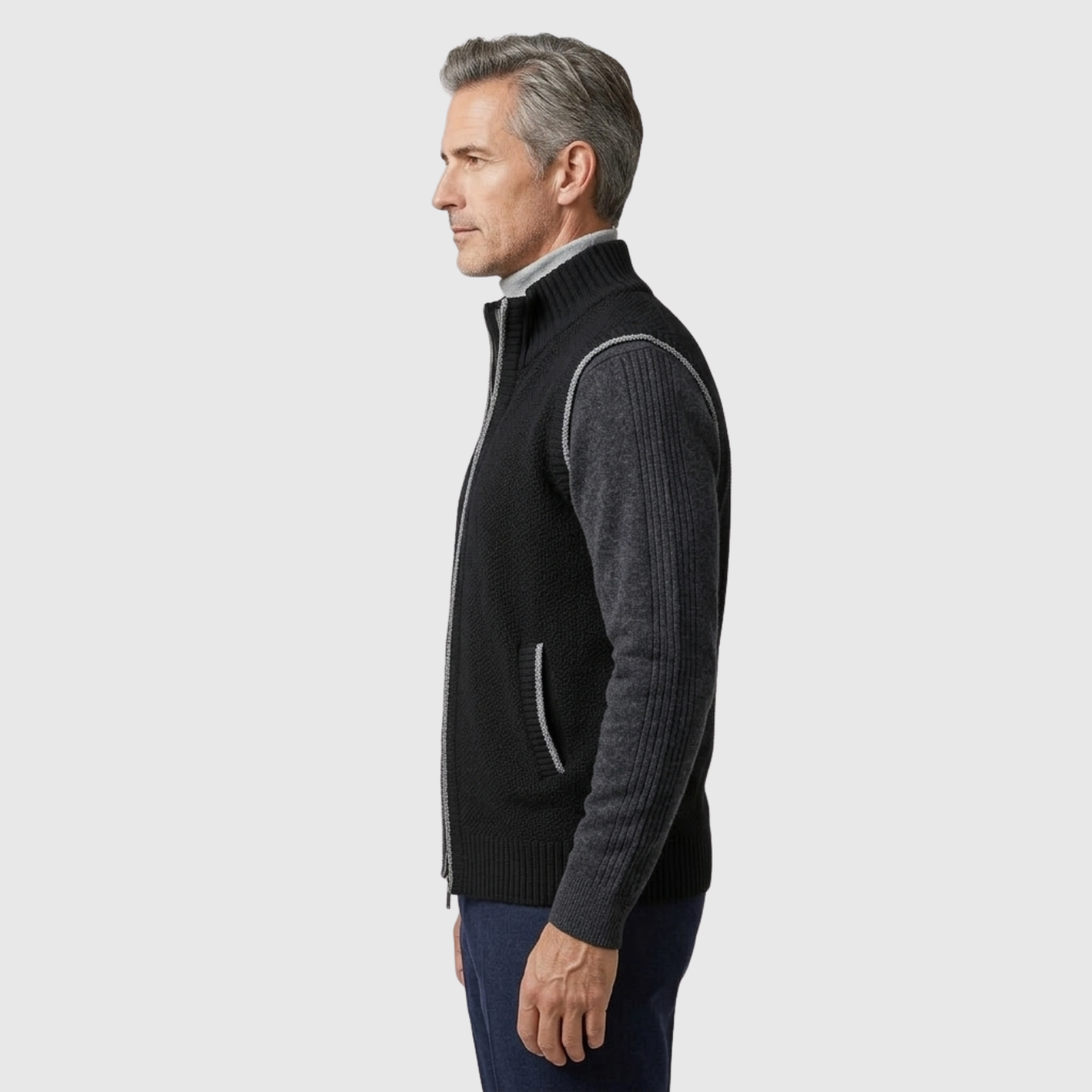 Gilet homme zippé sans manches col montant coupe ajustée tricot