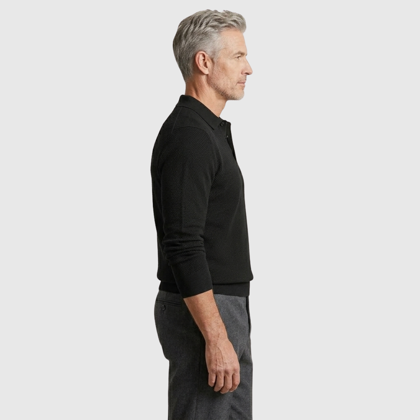 Polo homme manches longues coton mélangé col boutonné coupe droite