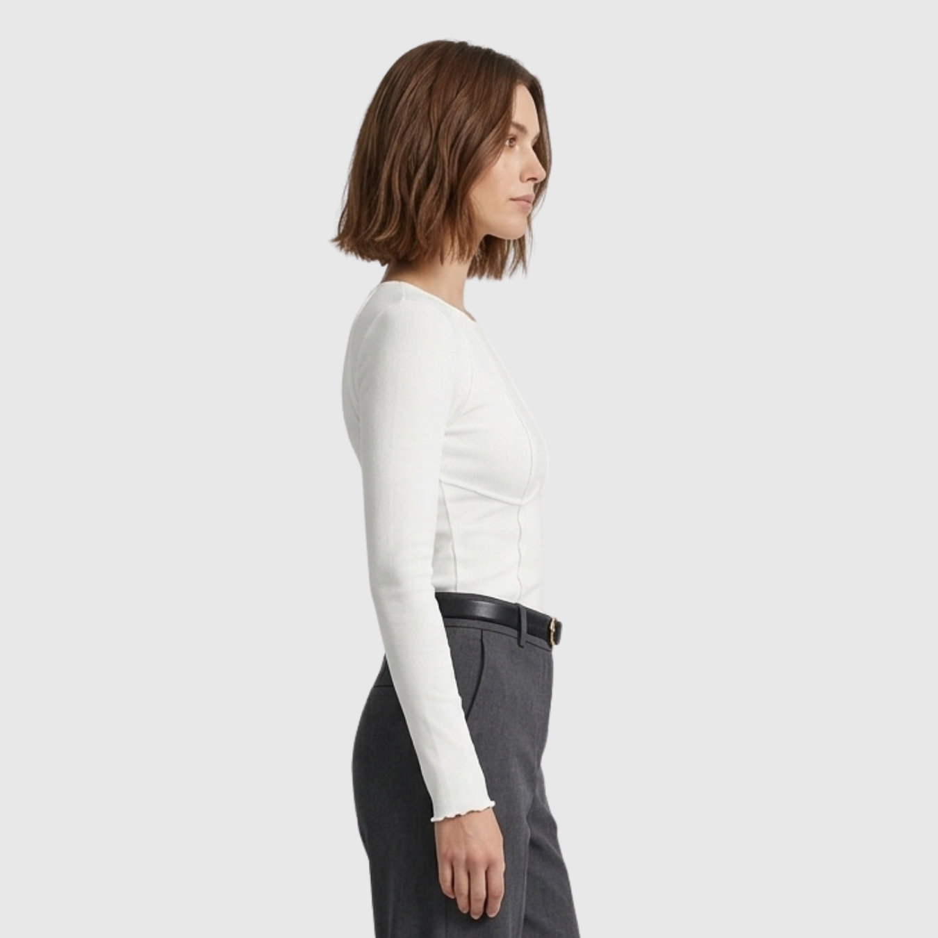Top manches longues femme ajusté détail piping col rond
