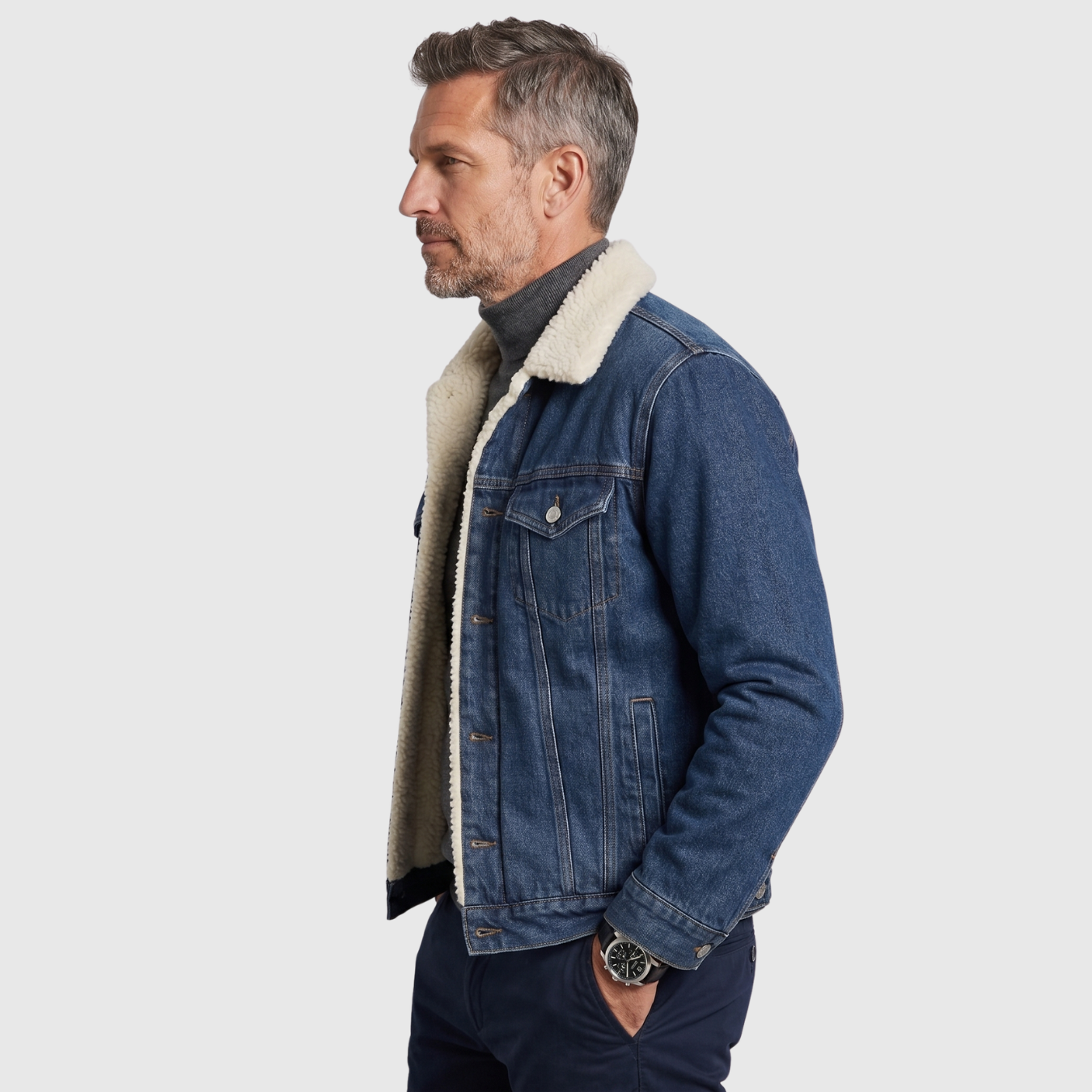 Veste jean homme doublée polaire col chemise fermeture boutonnée