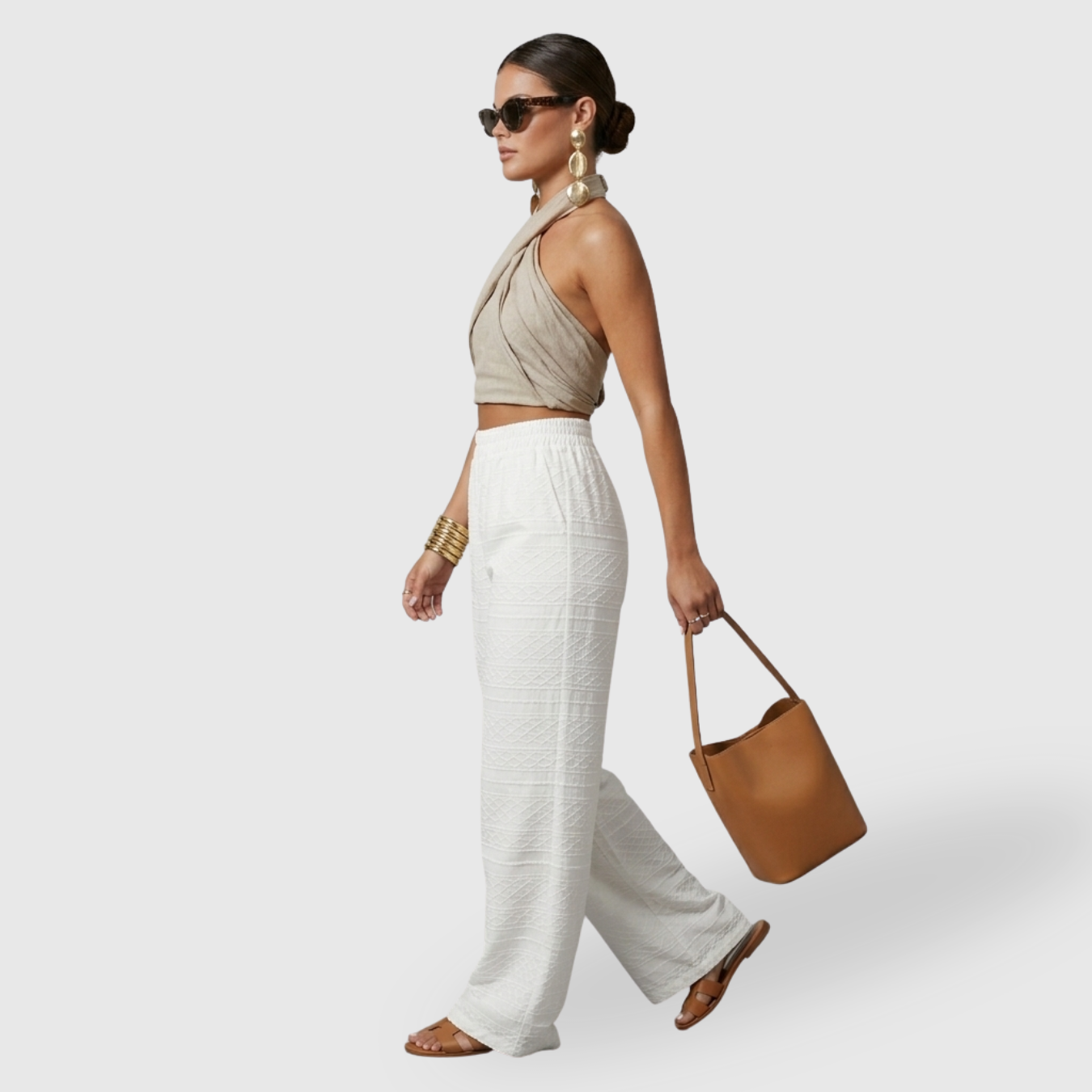 Top femme dos nu coton lin col halter croisé sans manches