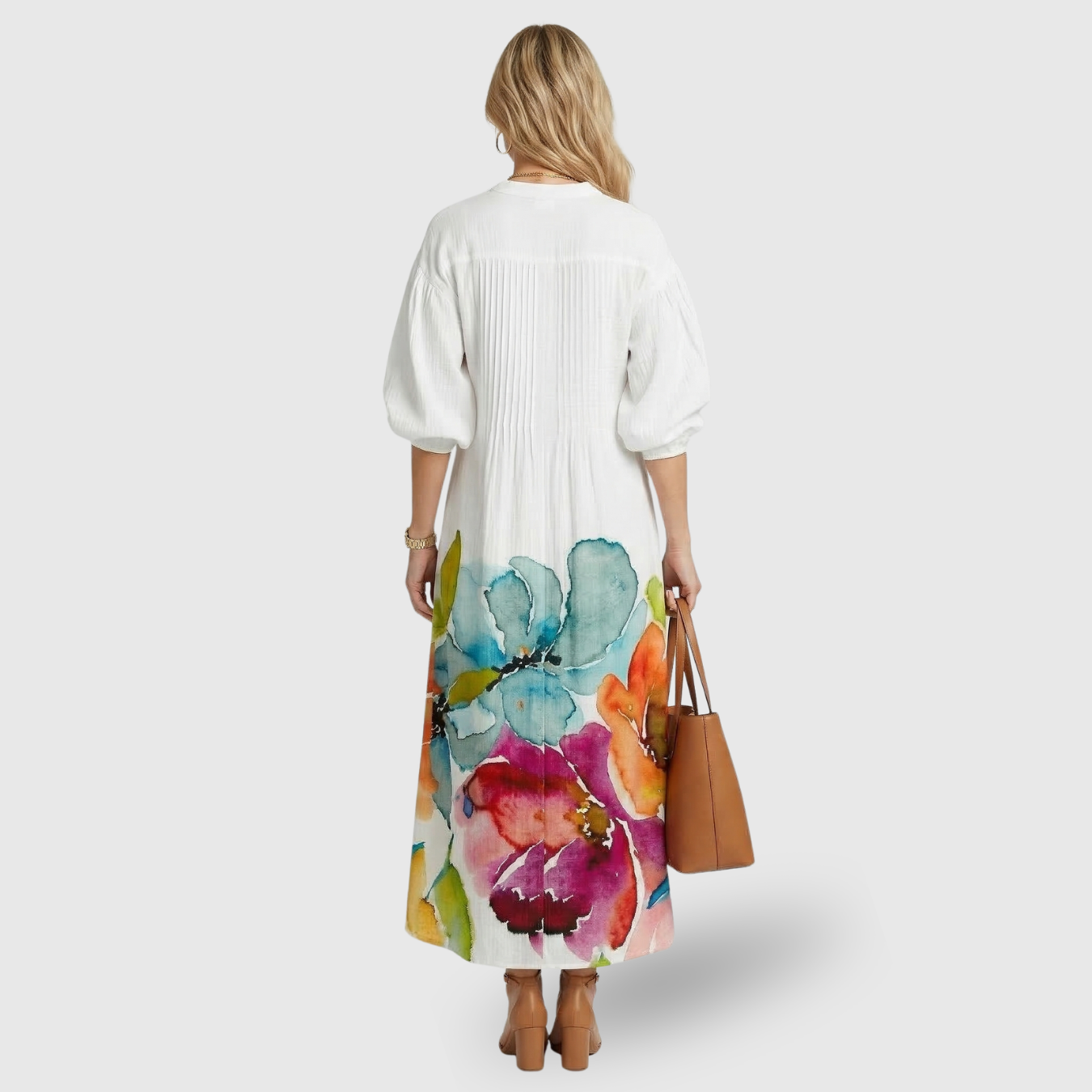 Robe longue femme col en V manches courtes coupe fluide taille empire été