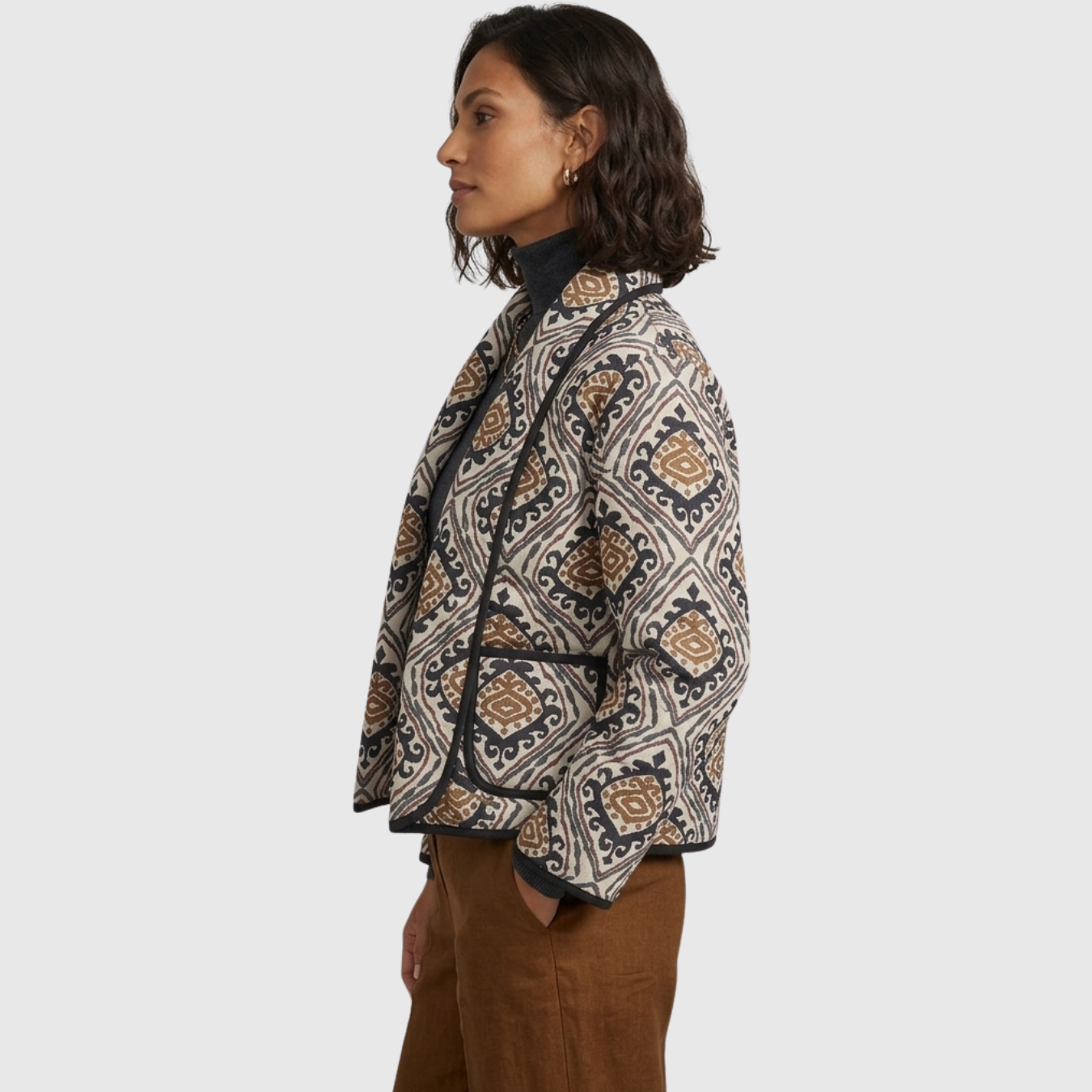 Veste femme matelassée imprimée coupe ample manches longues sans fermeture