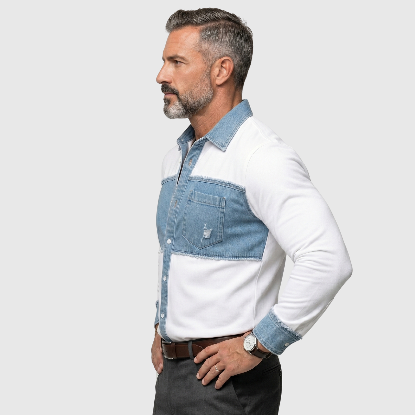 Chemise homme patchwork denim coupe ajustée manches longues