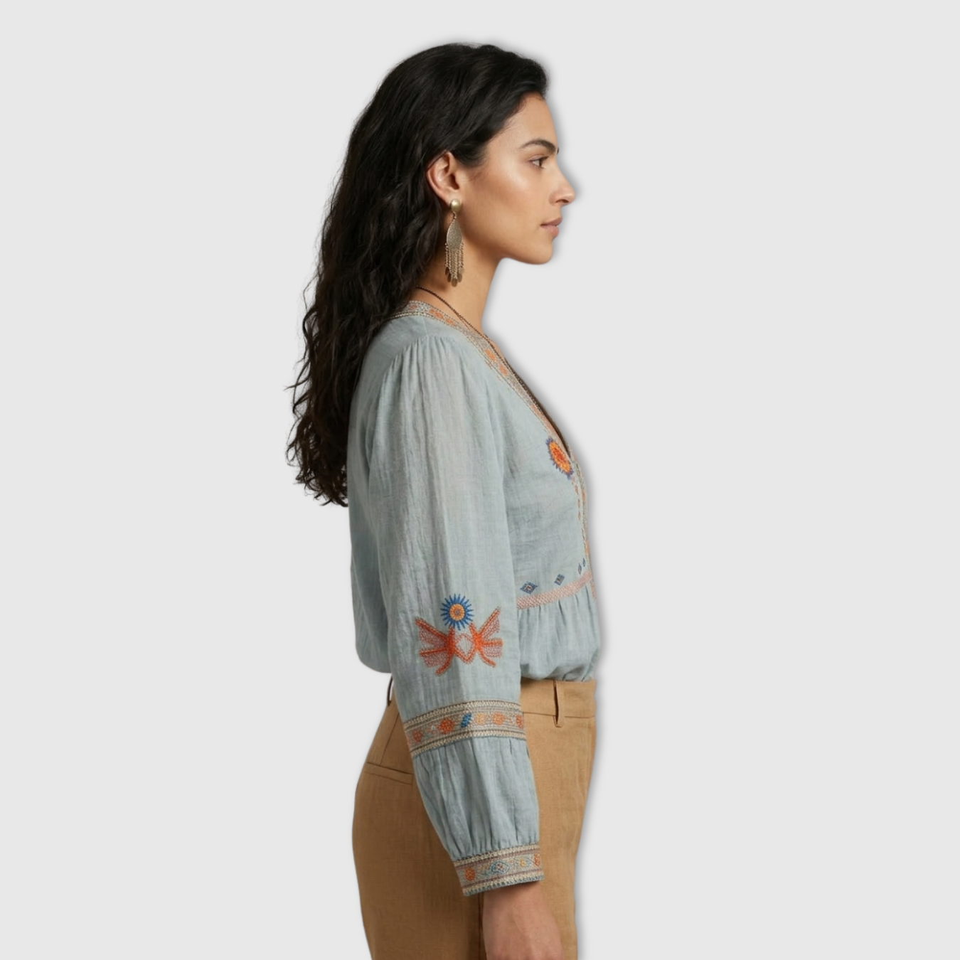 Blouse Femme Bohème Brodée Manches Longues col Tunisien Coupe Ample été