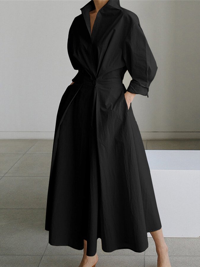 Robe Chemise Longue Femme Ceinturée Col Événement Élégant