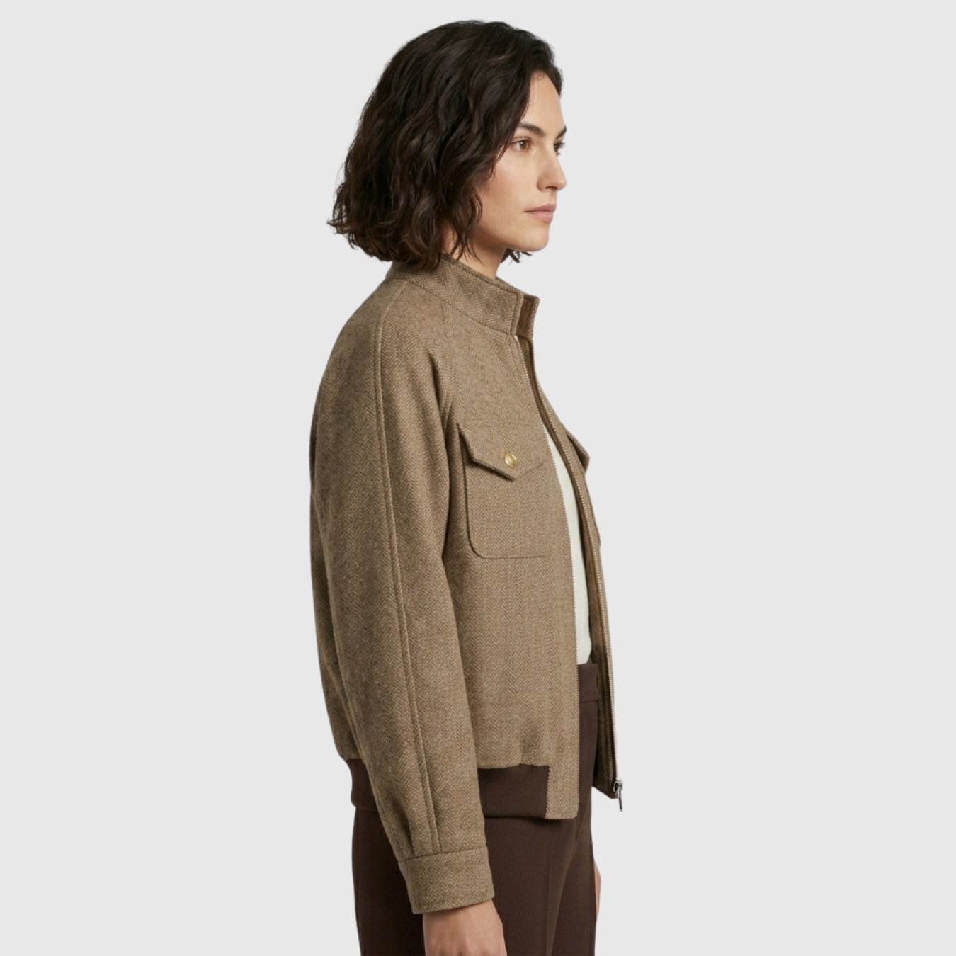Veste femme courte col montant fermeture zippée poches poitrine