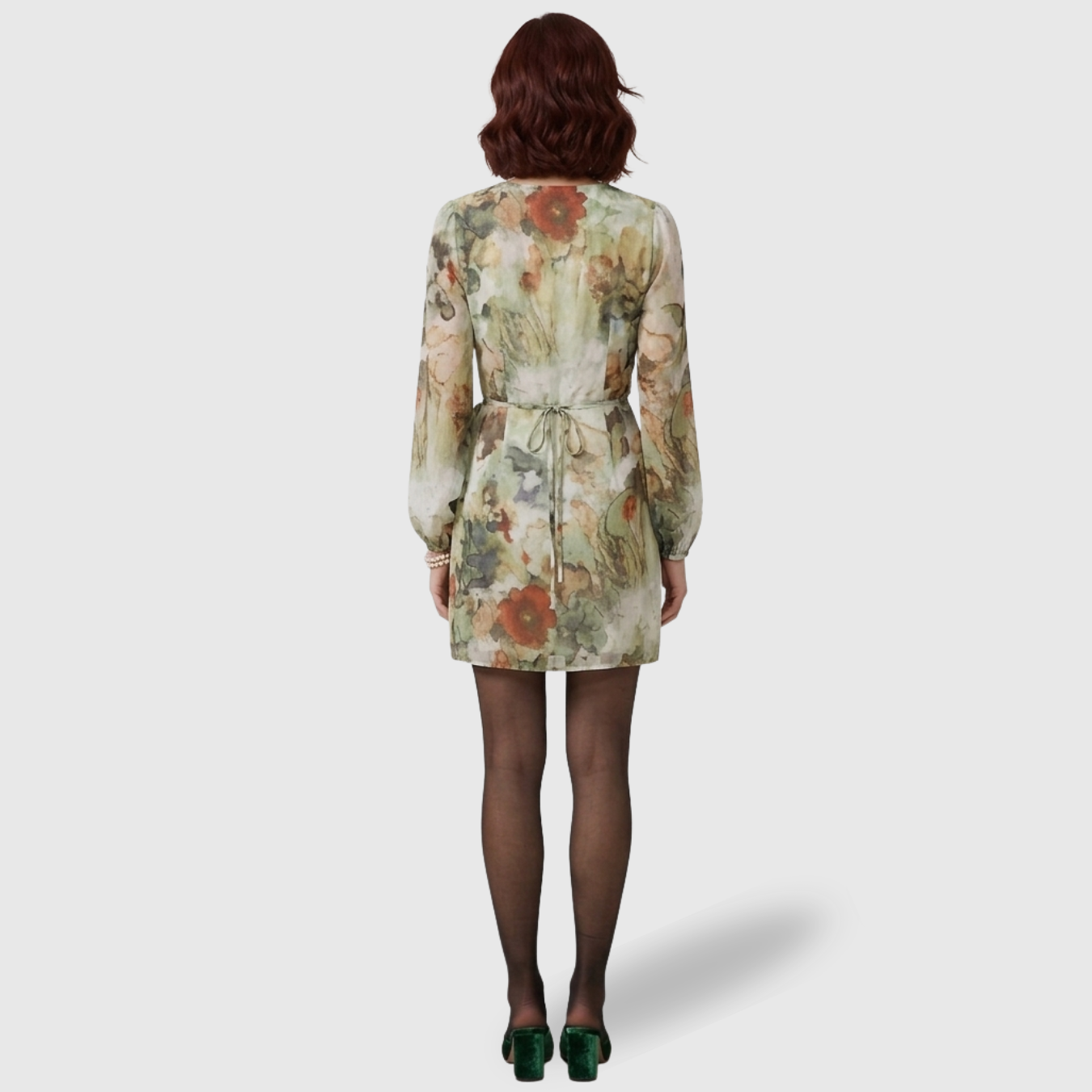 Robe courte portefeuille femme manches longues col en V coupe ajustée imprimé floral