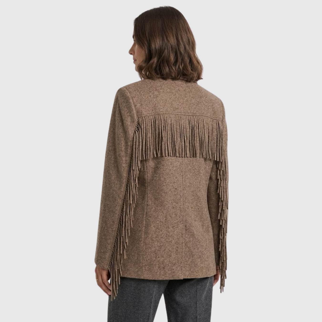 Blazer femme laine manches longues franges coupe droite boutonné