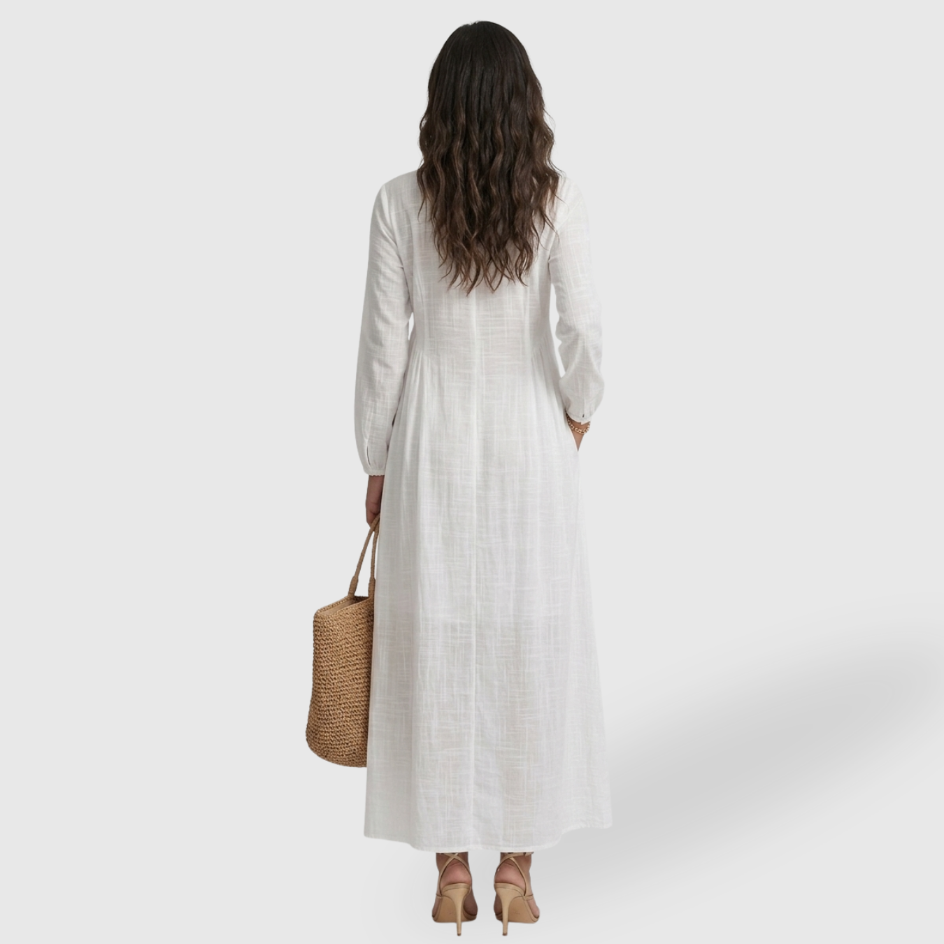 Robe longue femme coton lin col montant manches longues