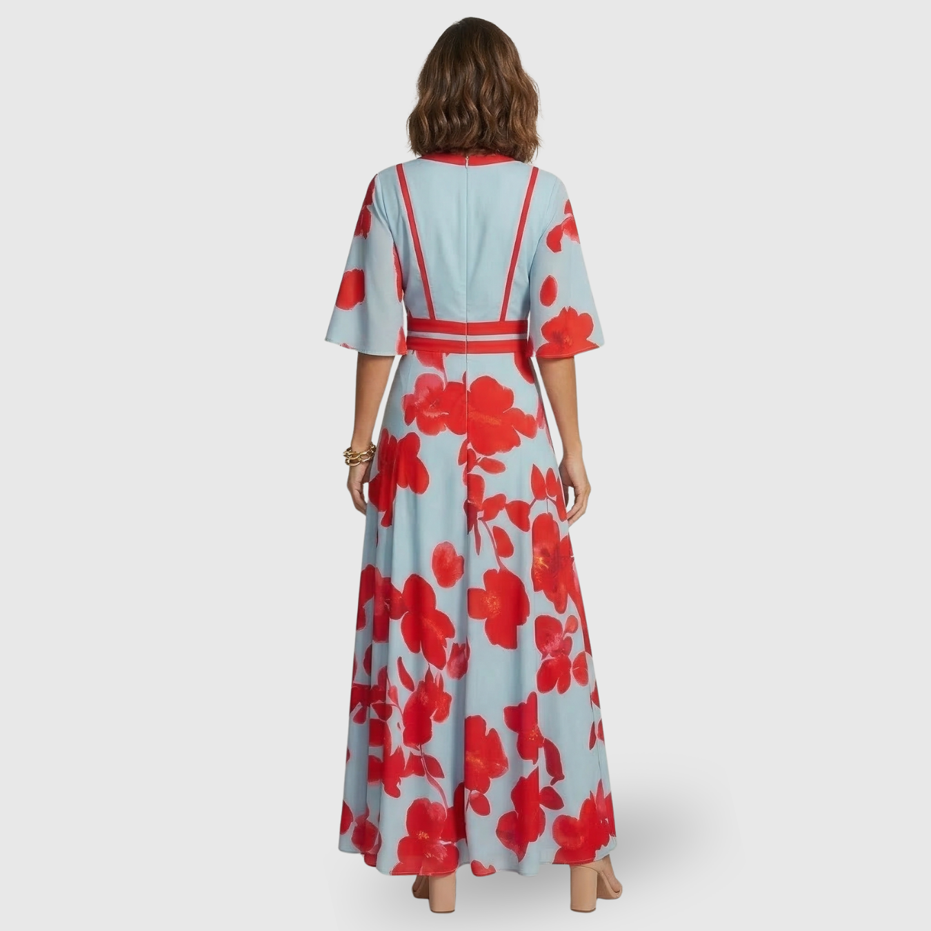 Robe longue femme col en V manches courtes coupe fluide taille cintrée été