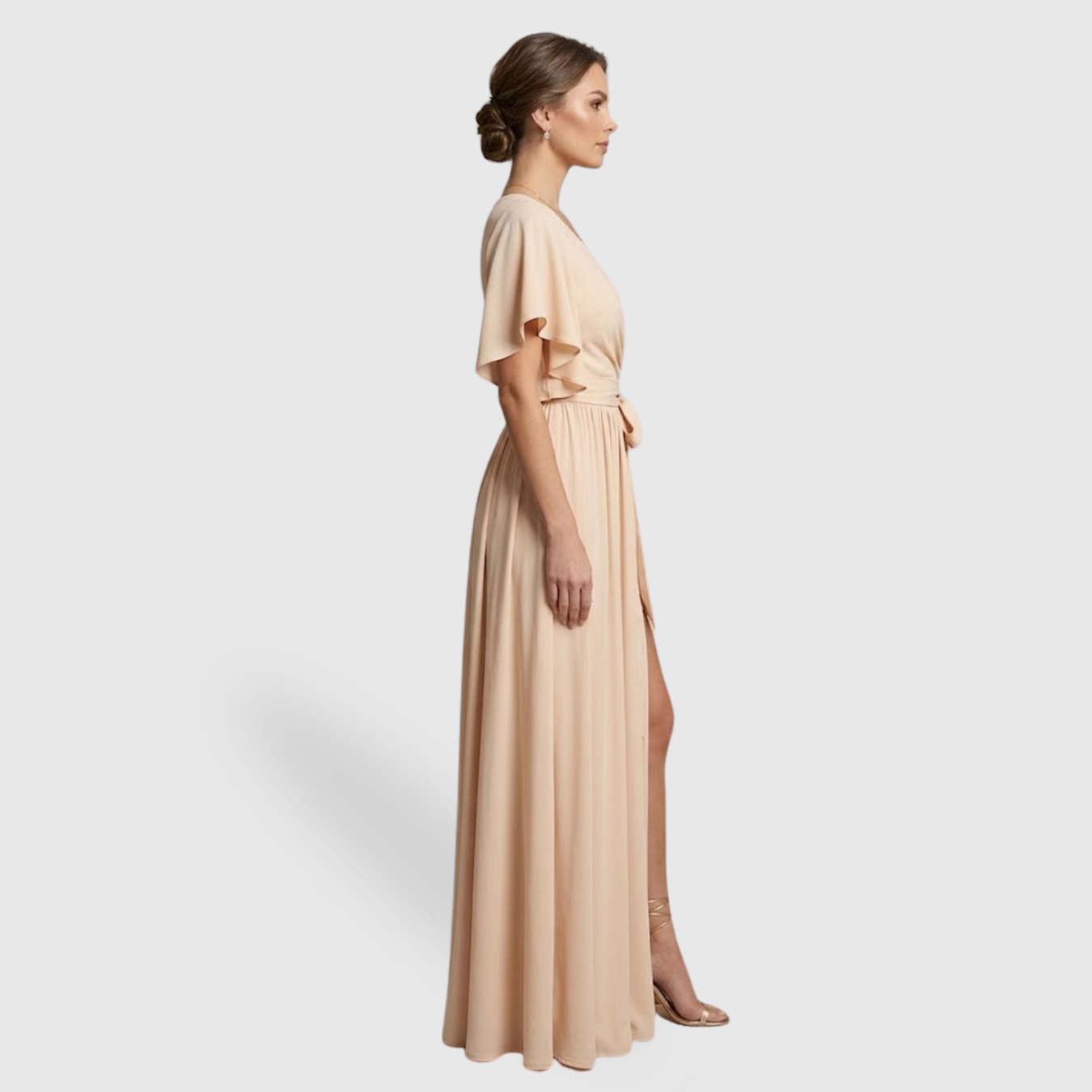 Robe demoiselle d’honneur longue portefeuille manches volantées formelle