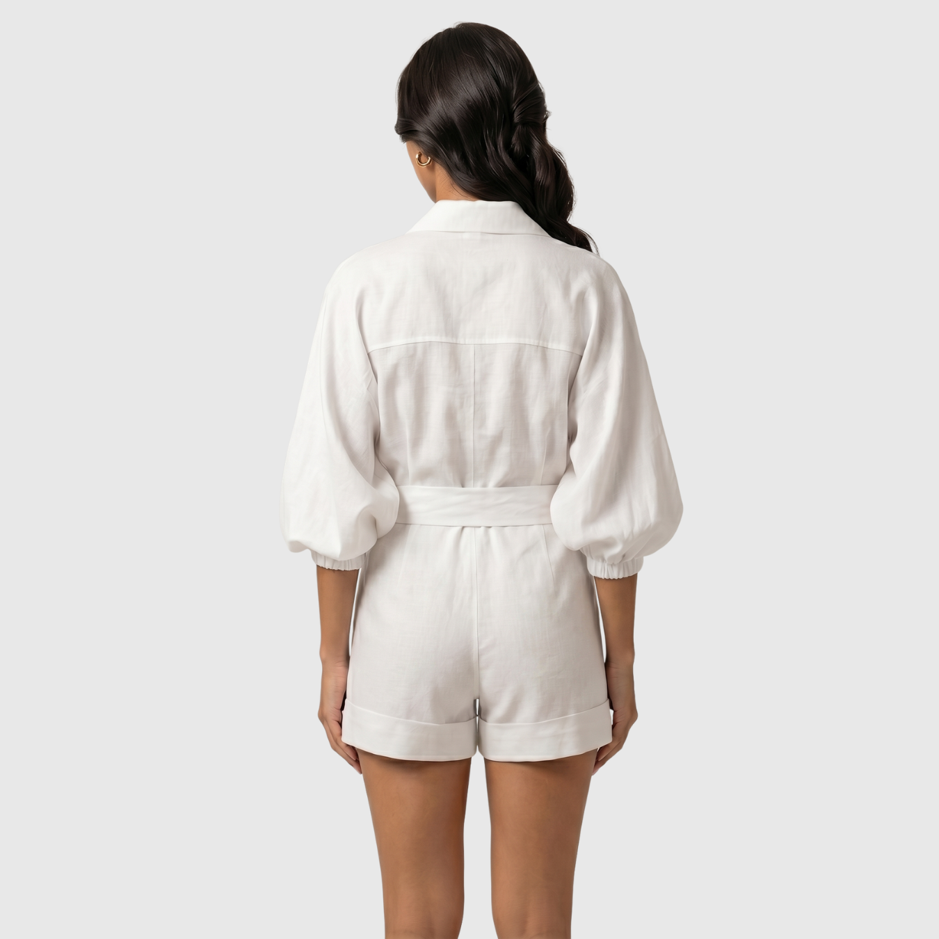 Combinaison short femme coton lin ceinturée manches longues