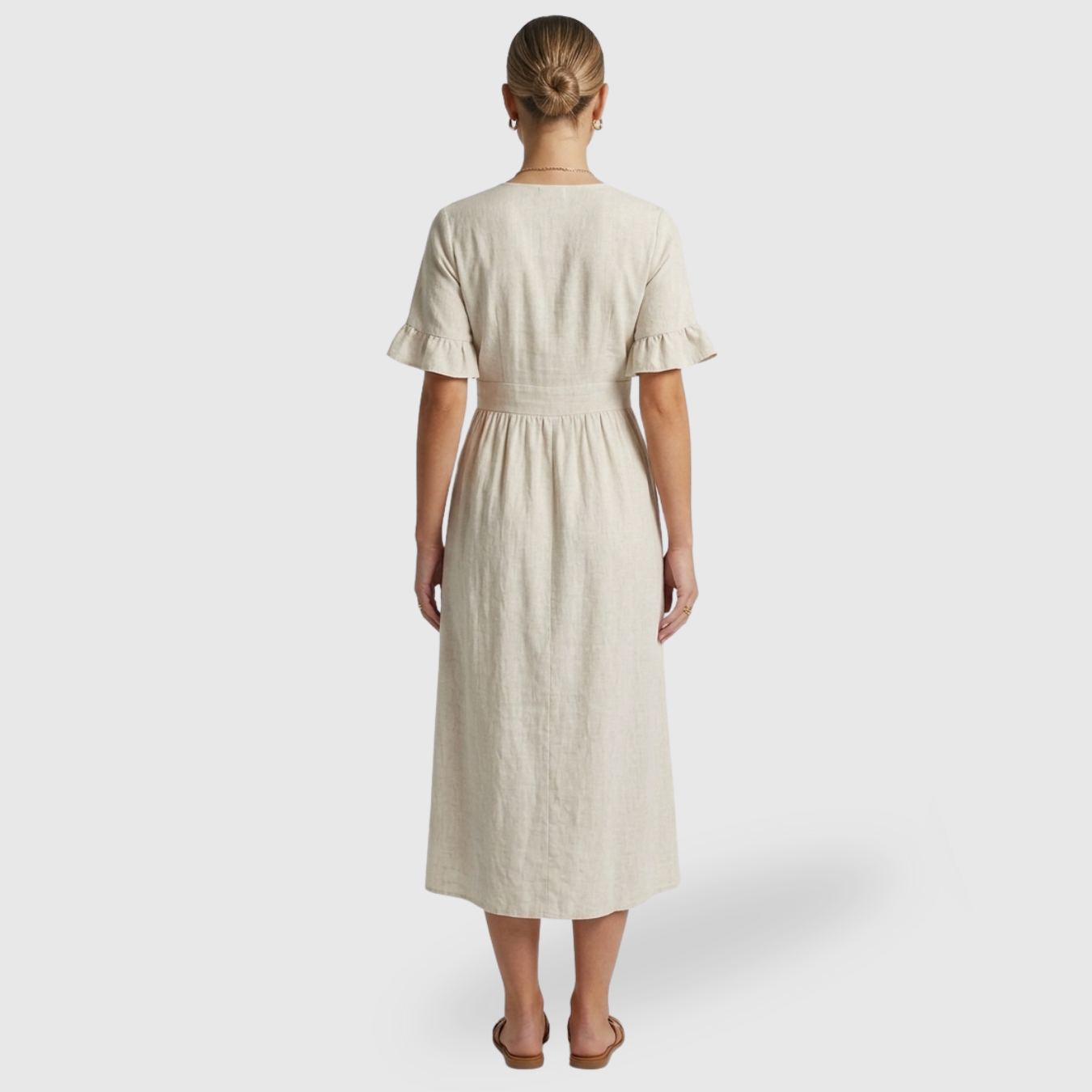Robe midi femme boutonnée col V manches courtes
