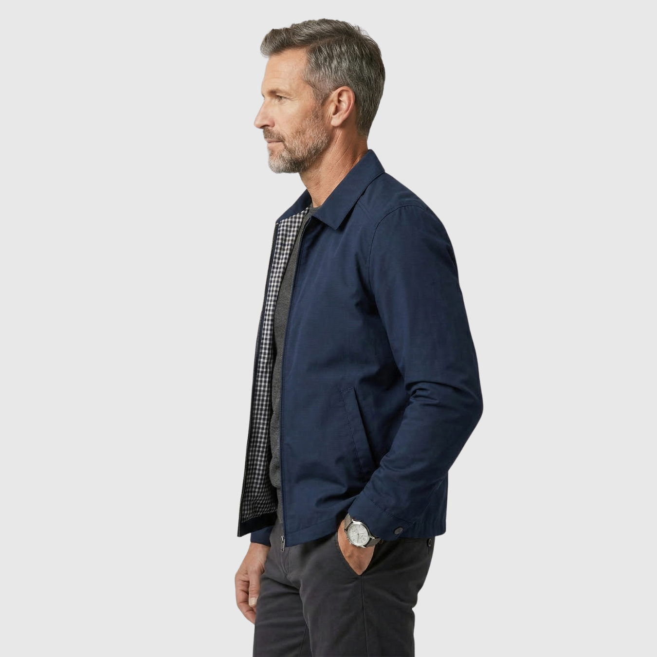 Veste homme mi-saison col montant fermeture zippée coupe ajustée casual business