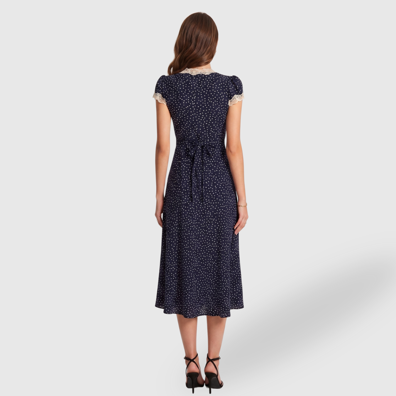 Robe midi femme à pois col V dentelle manches courtes ajustée