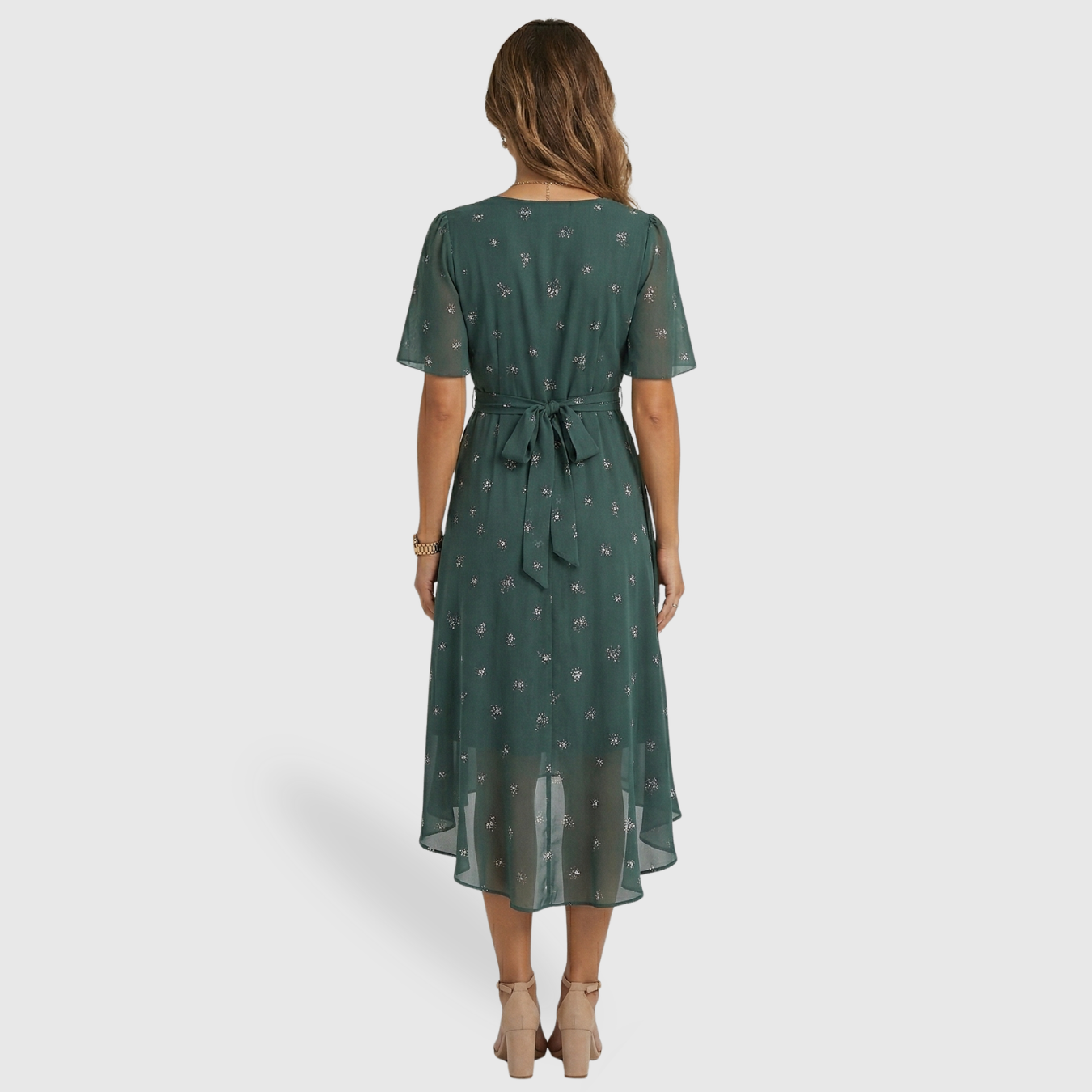 Robe midi femme fleurie col V manches courtes coupe évasée