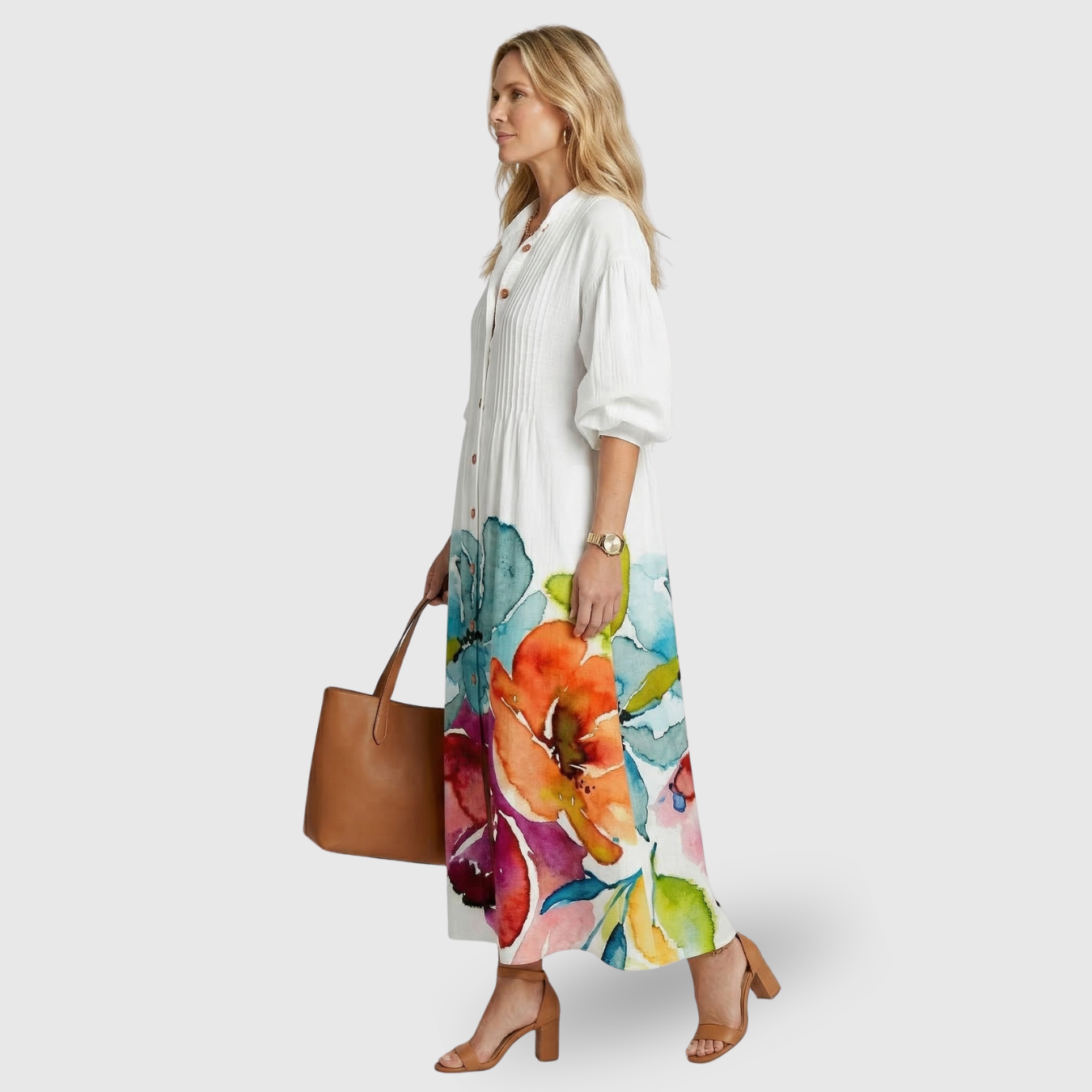 Robe longue femme col en V manches courtes coupe fluide taille empire été