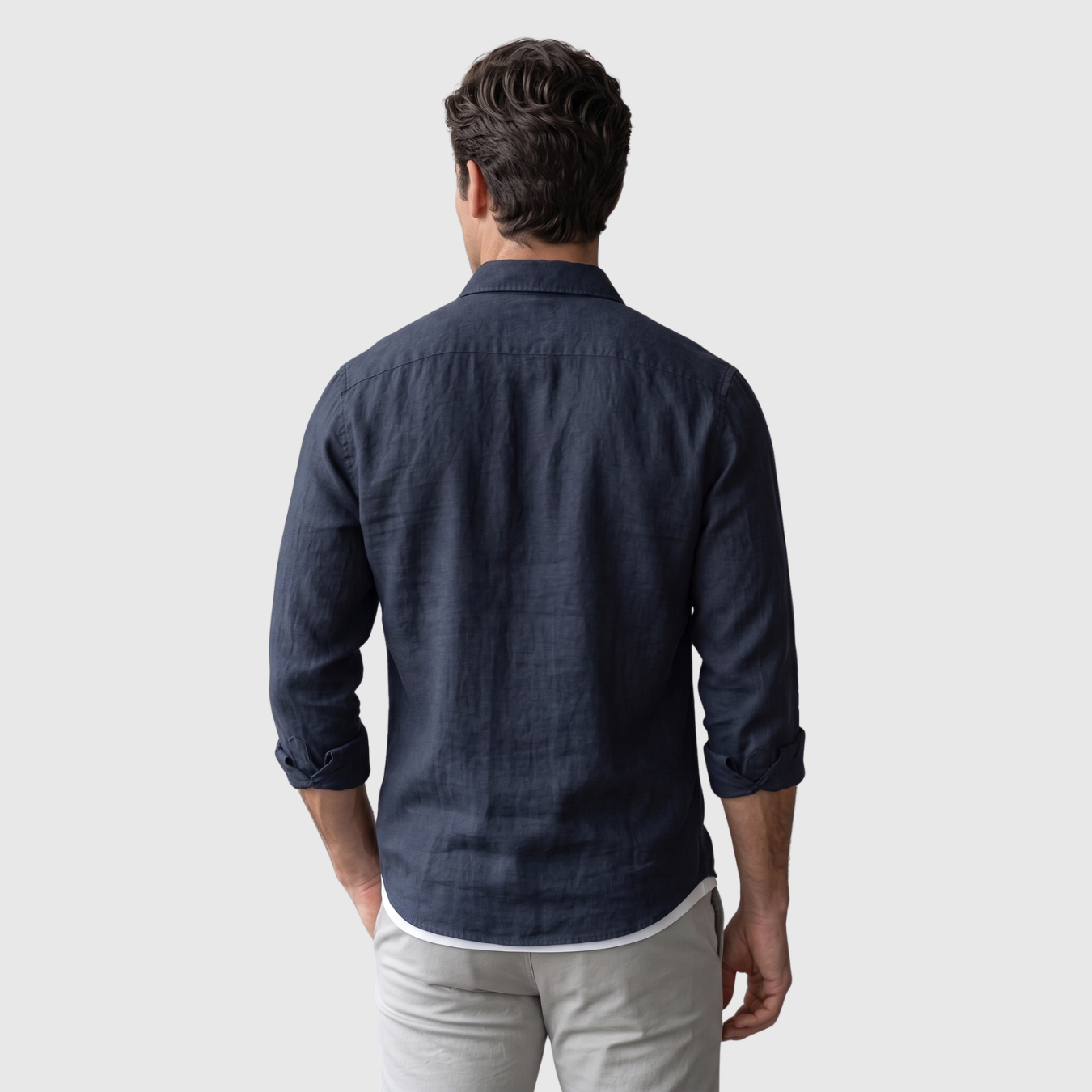 Chemise homme coton lin col polo manches longues coupe décontractée