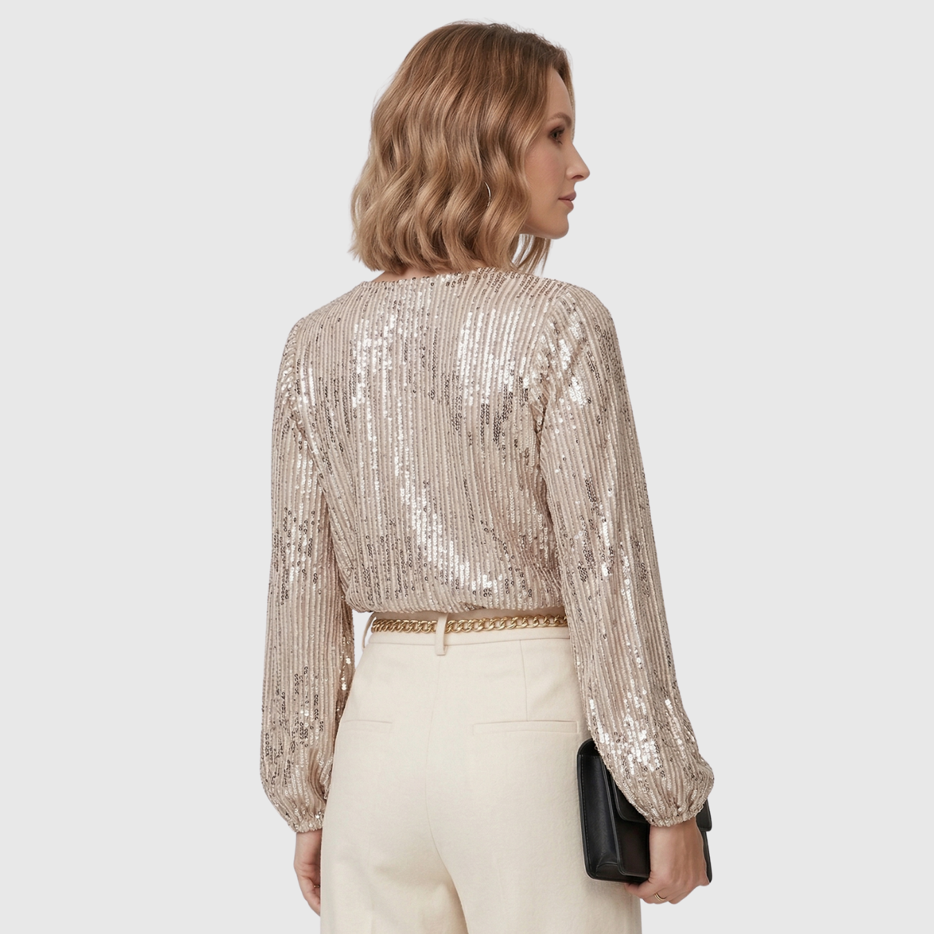 Blouse femme sequins col V manches longues coupe fluide