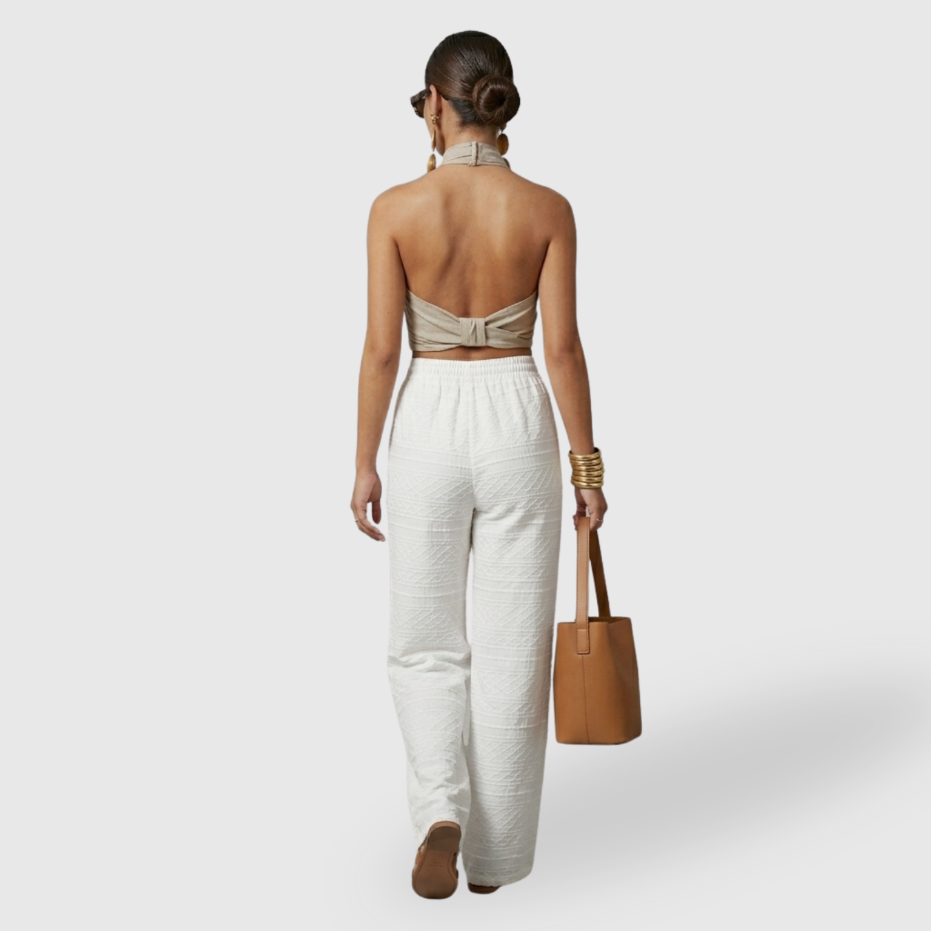Top femme dos nu coton lin col halter croisé sans manches