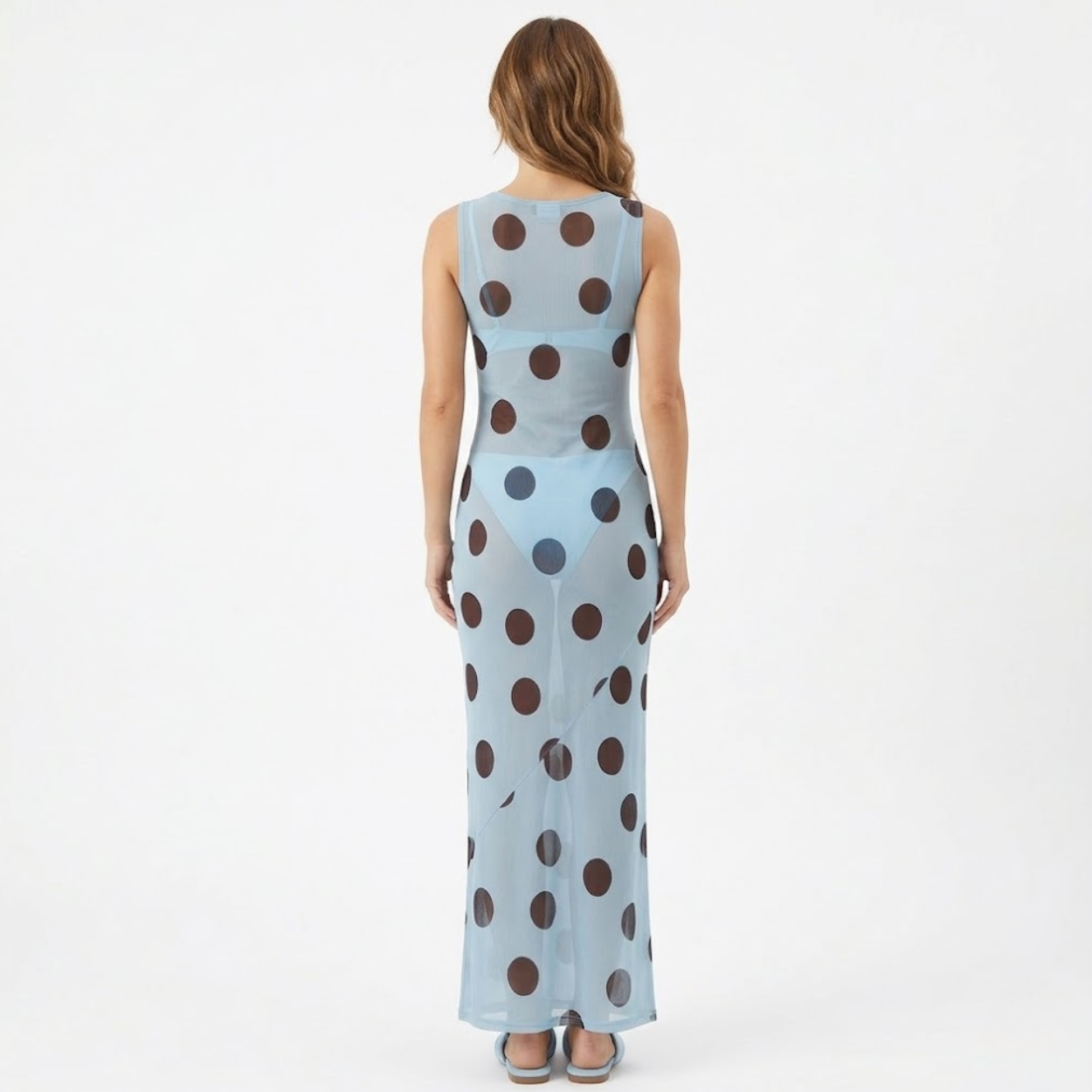 Robe longue femme sans manches col rond ajustée à pois