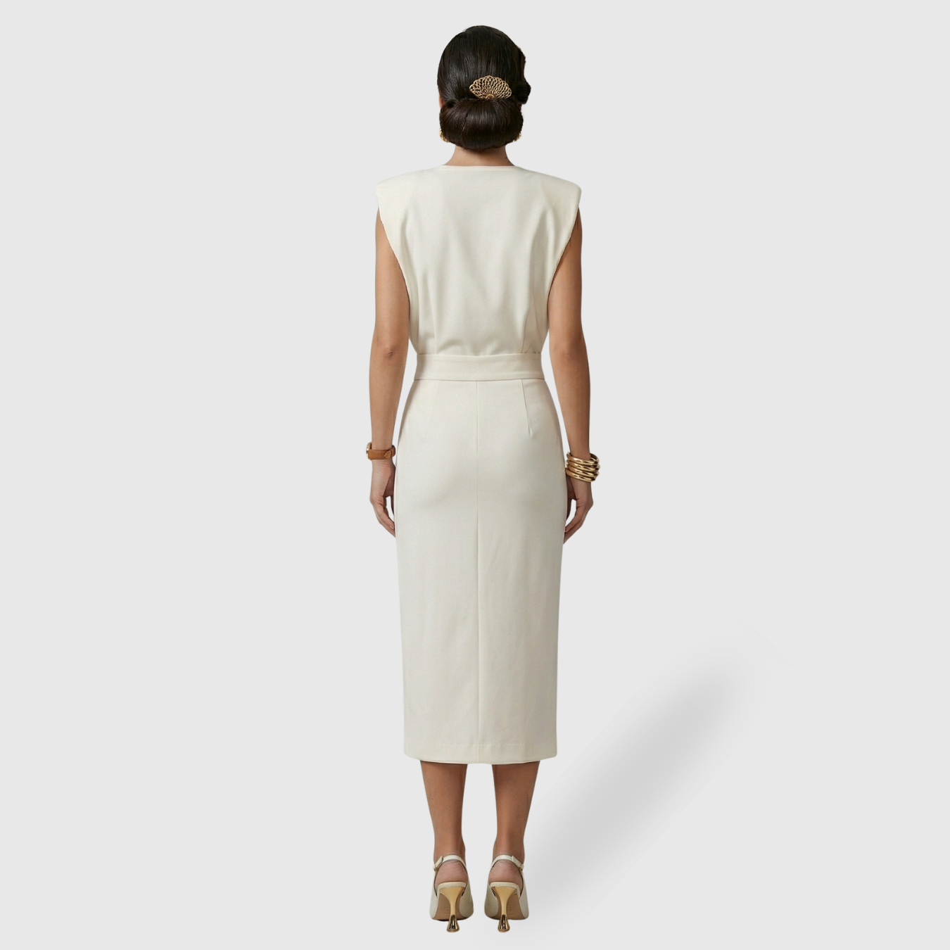 Robe midi femme sans manches ceinturée fente avant fermeture boutonnée