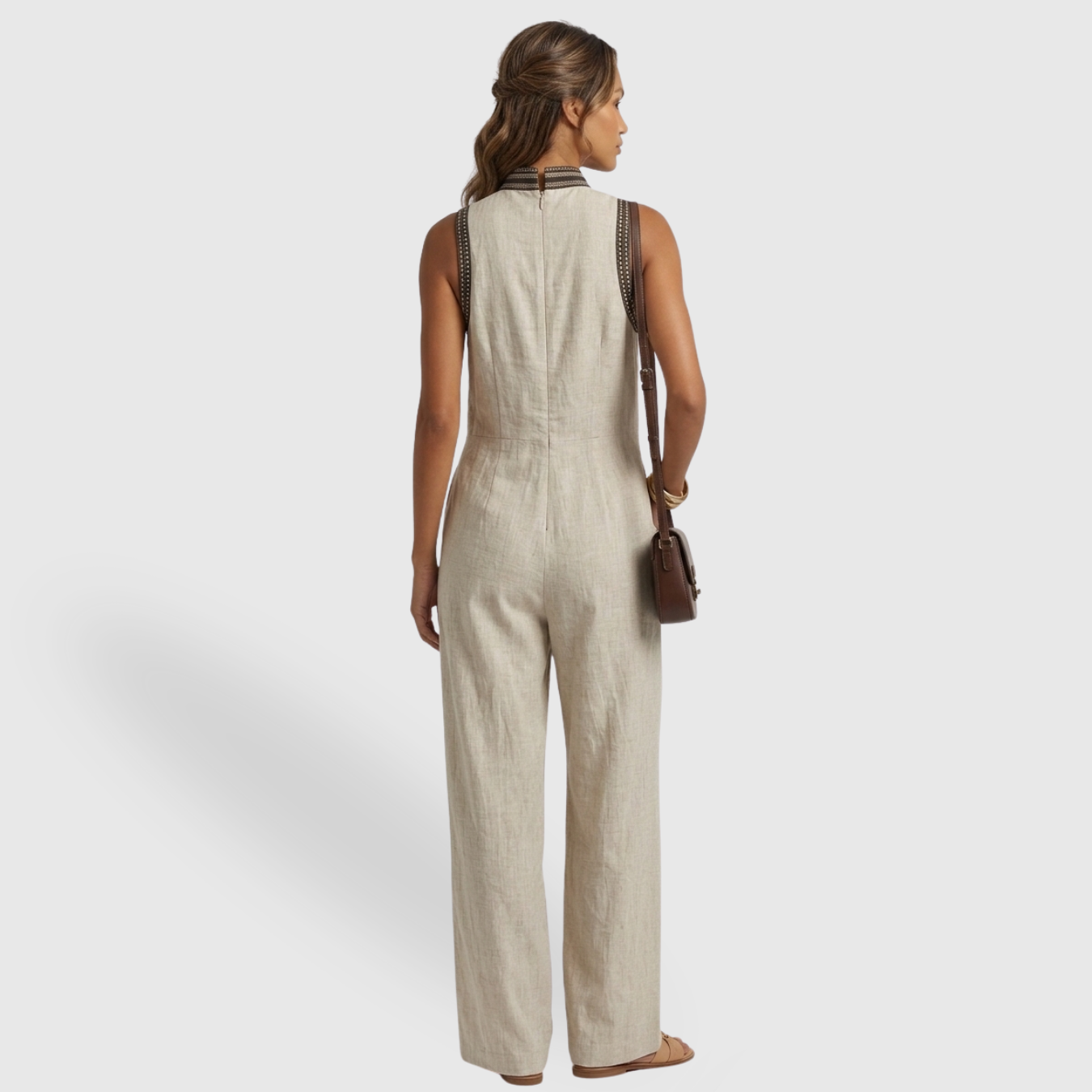 Combinaison femme sans manches mélange lin col montant zippé