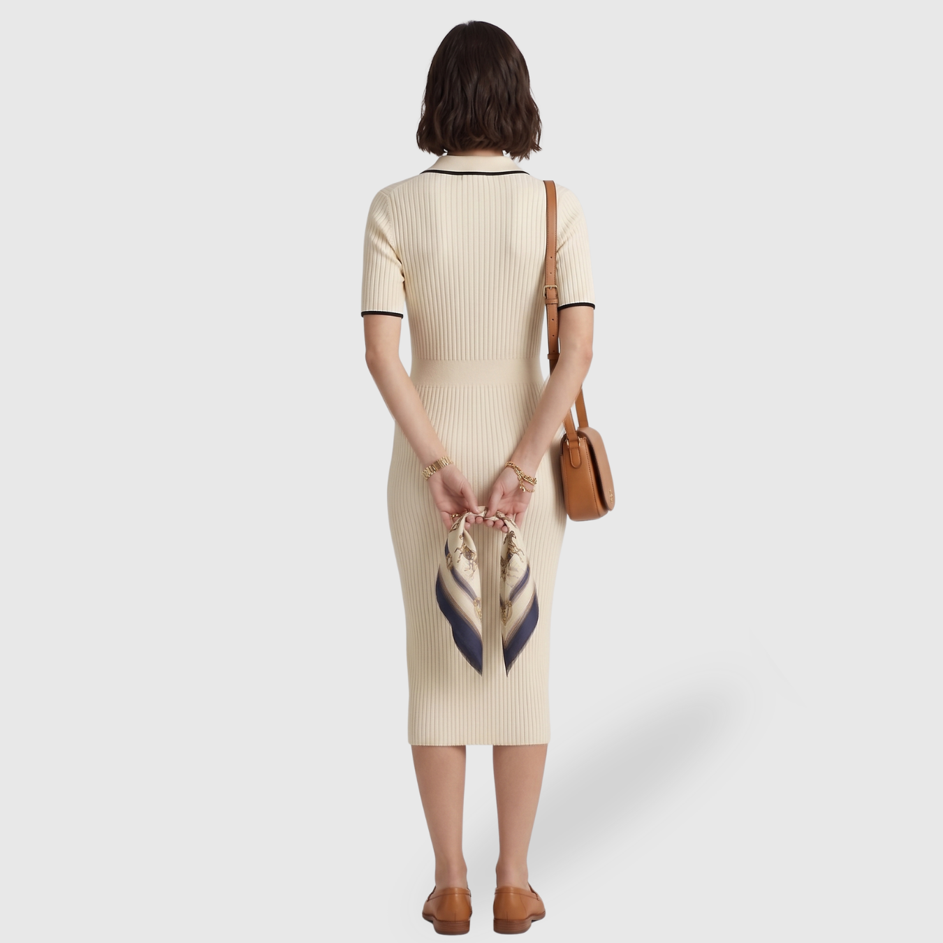 Robe midi femme maille col polo manches courtes coupe ajustée