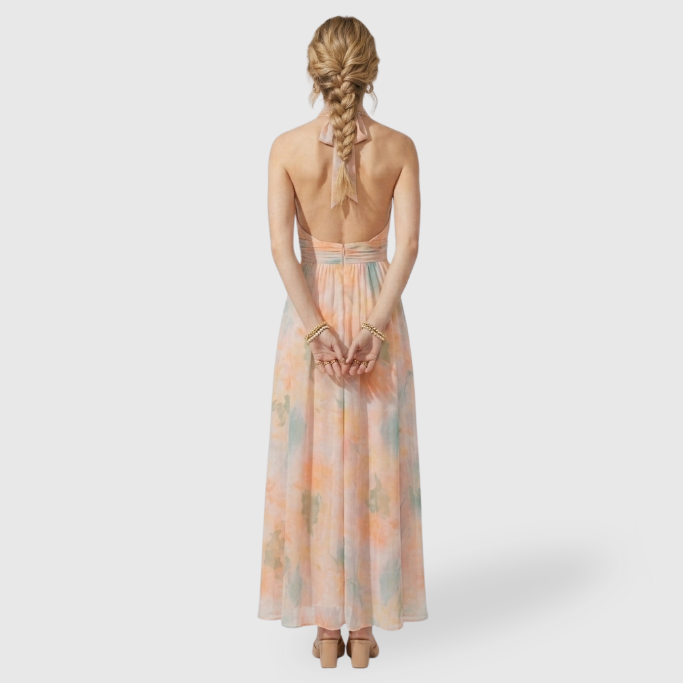 Robe longue femme dos nu col halter coupe fluide taille cintrée