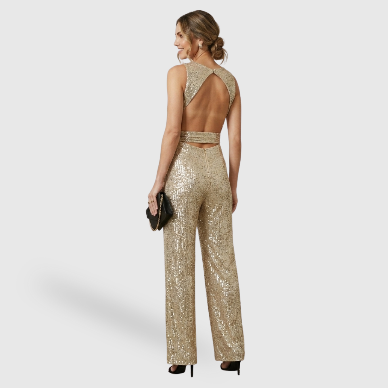 Combinaison femme pailletée pantalon large sans manches ceinturée