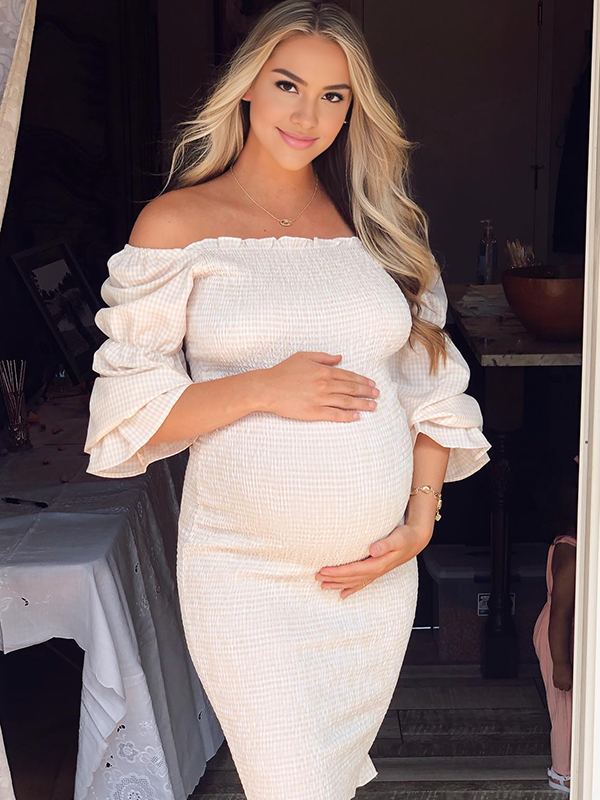 Robe Midi Maternité Épaules Dénudées Volants Manches Longues