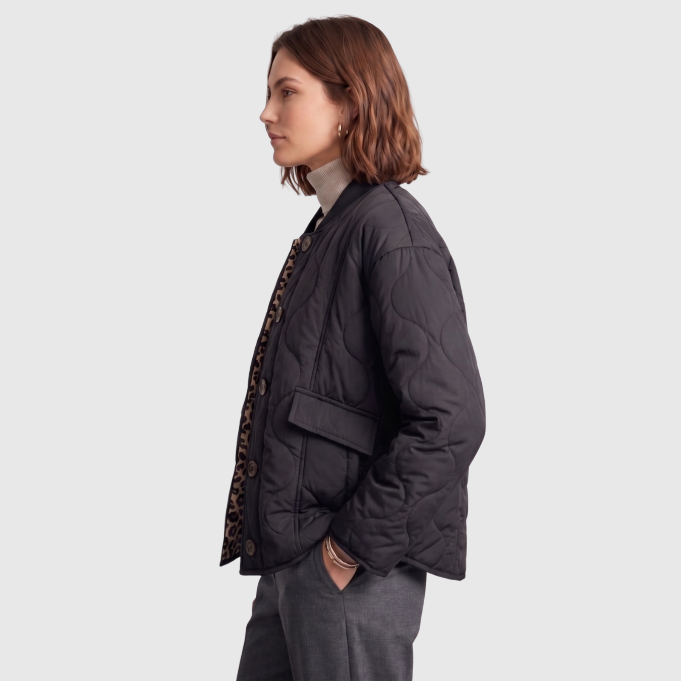 Veste matelassée femme courte col rond boutonnée doublure léopard