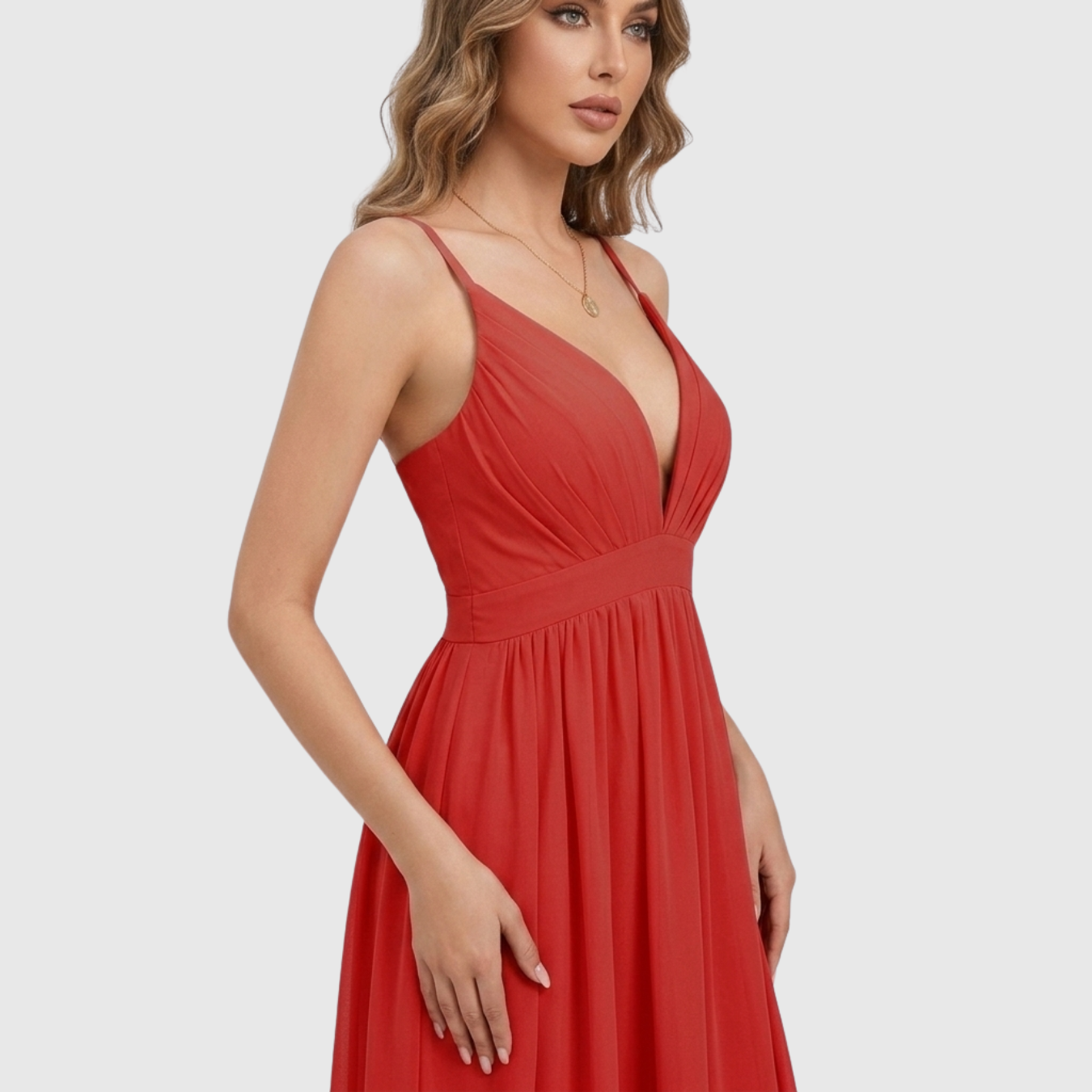 Robe de cérémonie femme longue mousseline bretelles décolleté plongeant