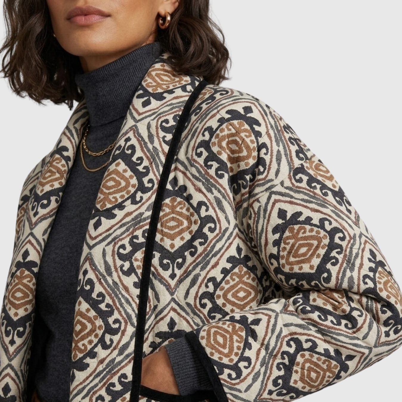 Veste femme matelassée imprimée coupe ample manches longues sans fermeture