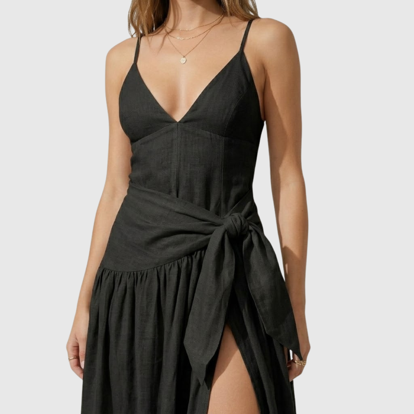 Robe longue femme en lin col en V manches courtes taille nouée coupe fluide