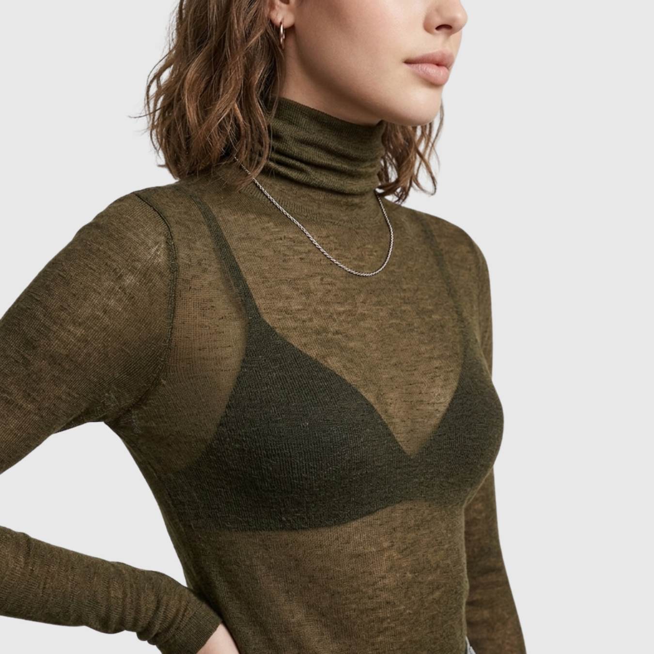 Pull col roulé femme laine mélangée transparent manches longues