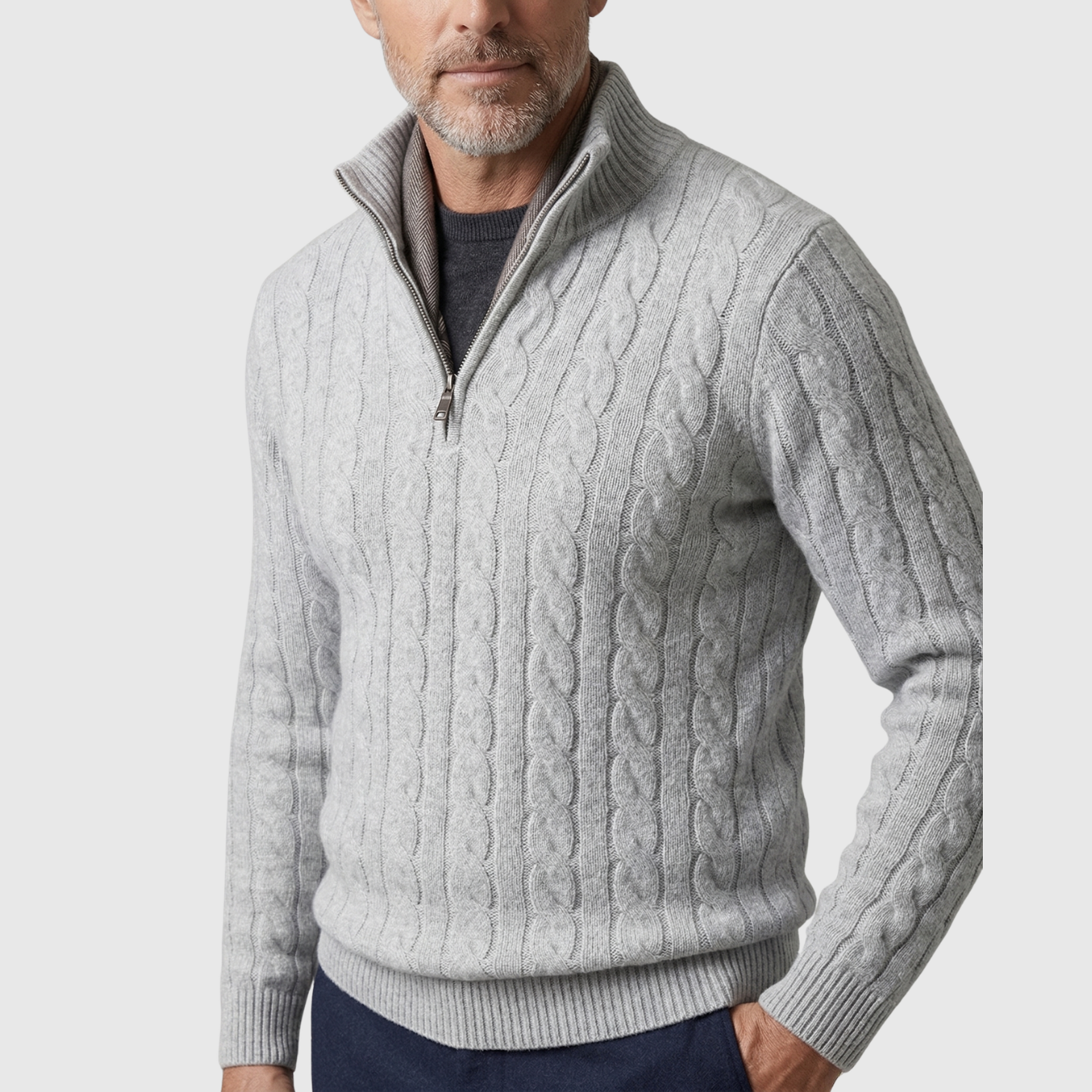Pull homme col camionneur maille torsadée manches longues fermeture zippée