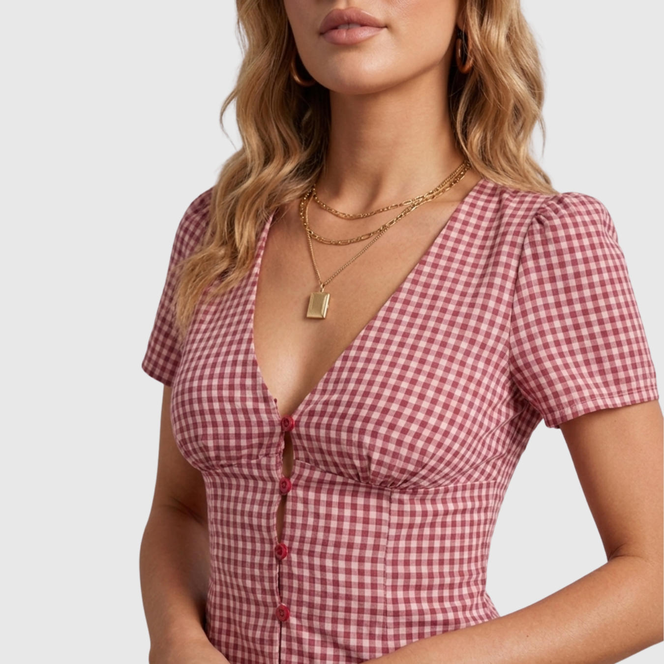 Blouse femme vichy col V manches courtes boutonnée coupe ajustée