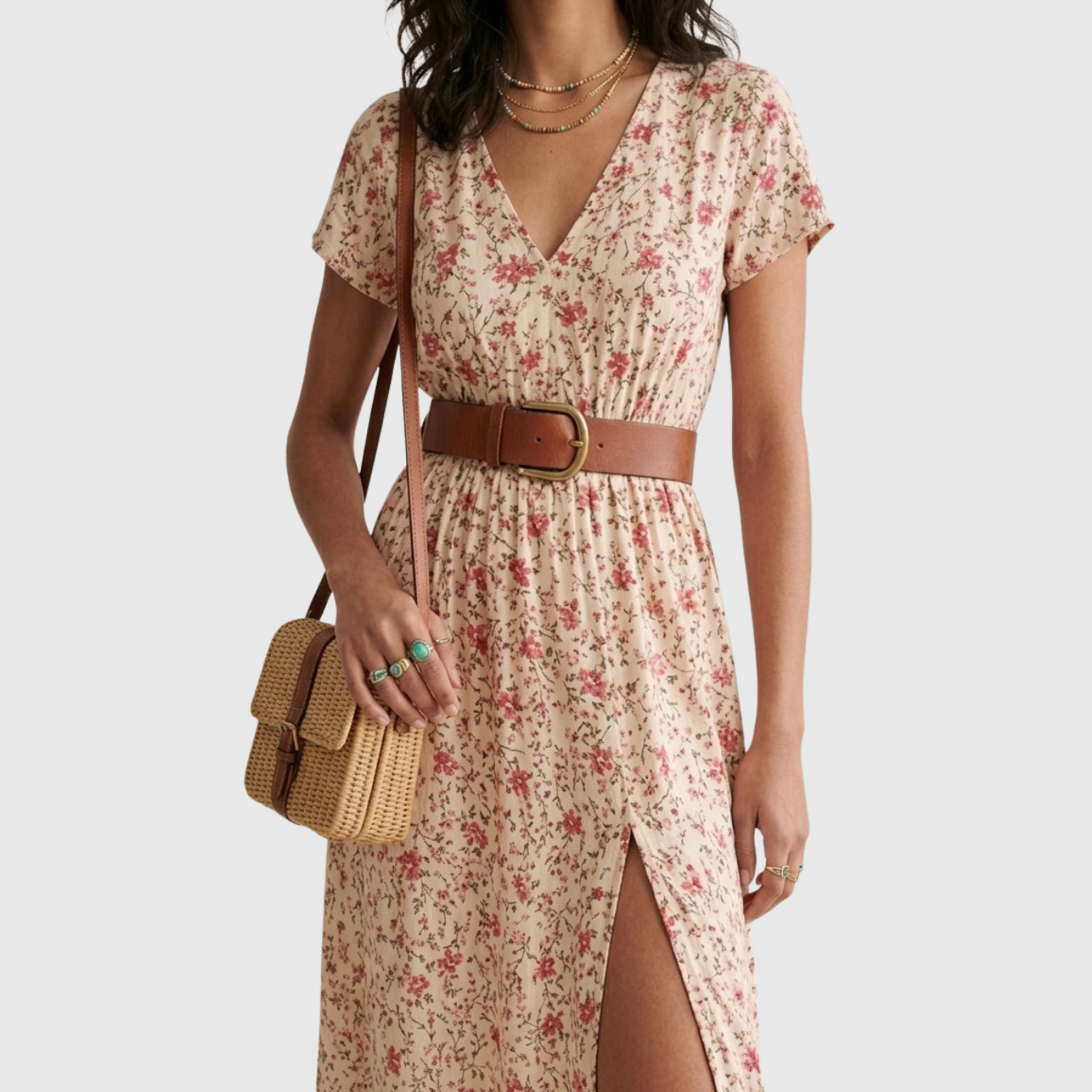 Robe longue femme bohème manches courtes col en V coupe fluide été