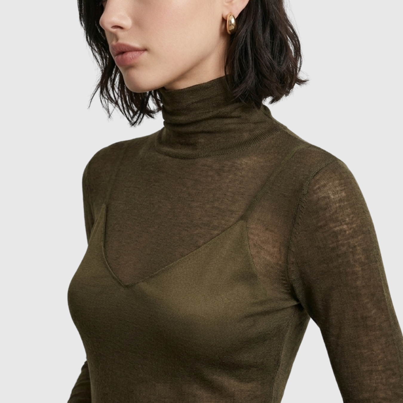 Pull col roulé femme laine mélangée maille fine transparente