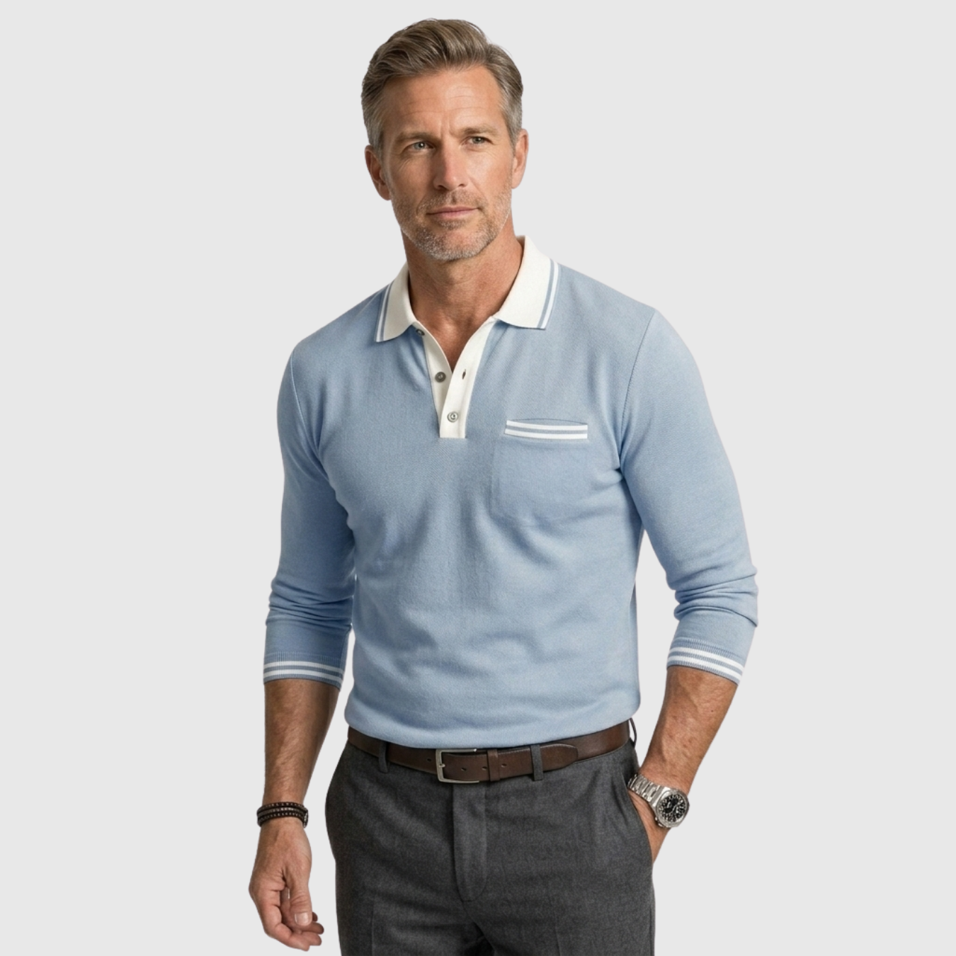 Polo homme manches longues col boutonné coupe ajustée détails contrastés