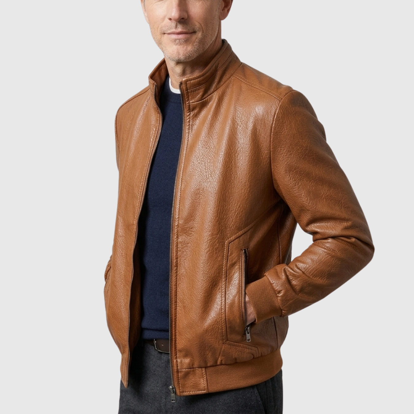 Veste en cuir homme zippée col montant coupe ajustée style biker
