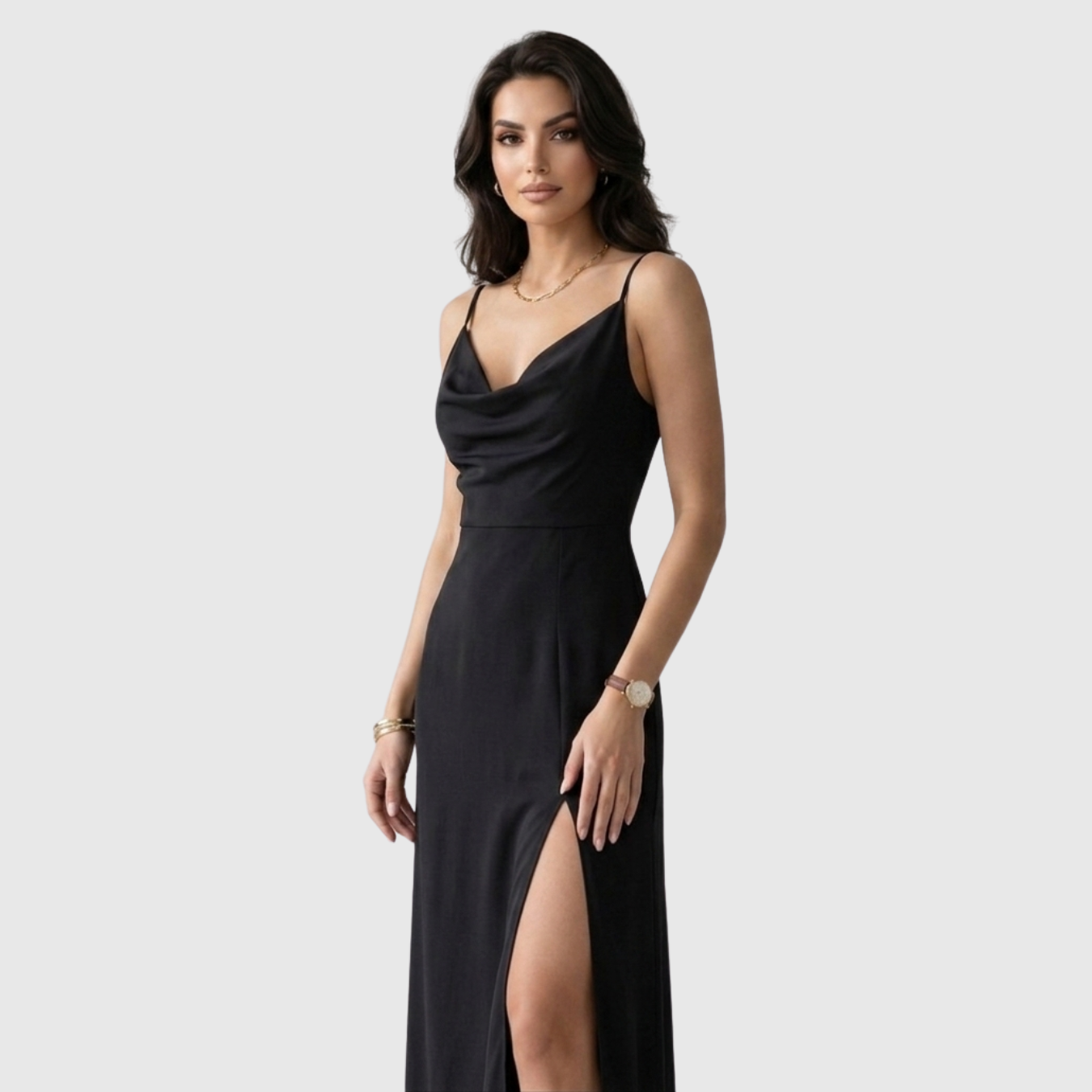 Robe longue femme col V fines bretelles fente jambe coupe ajustée