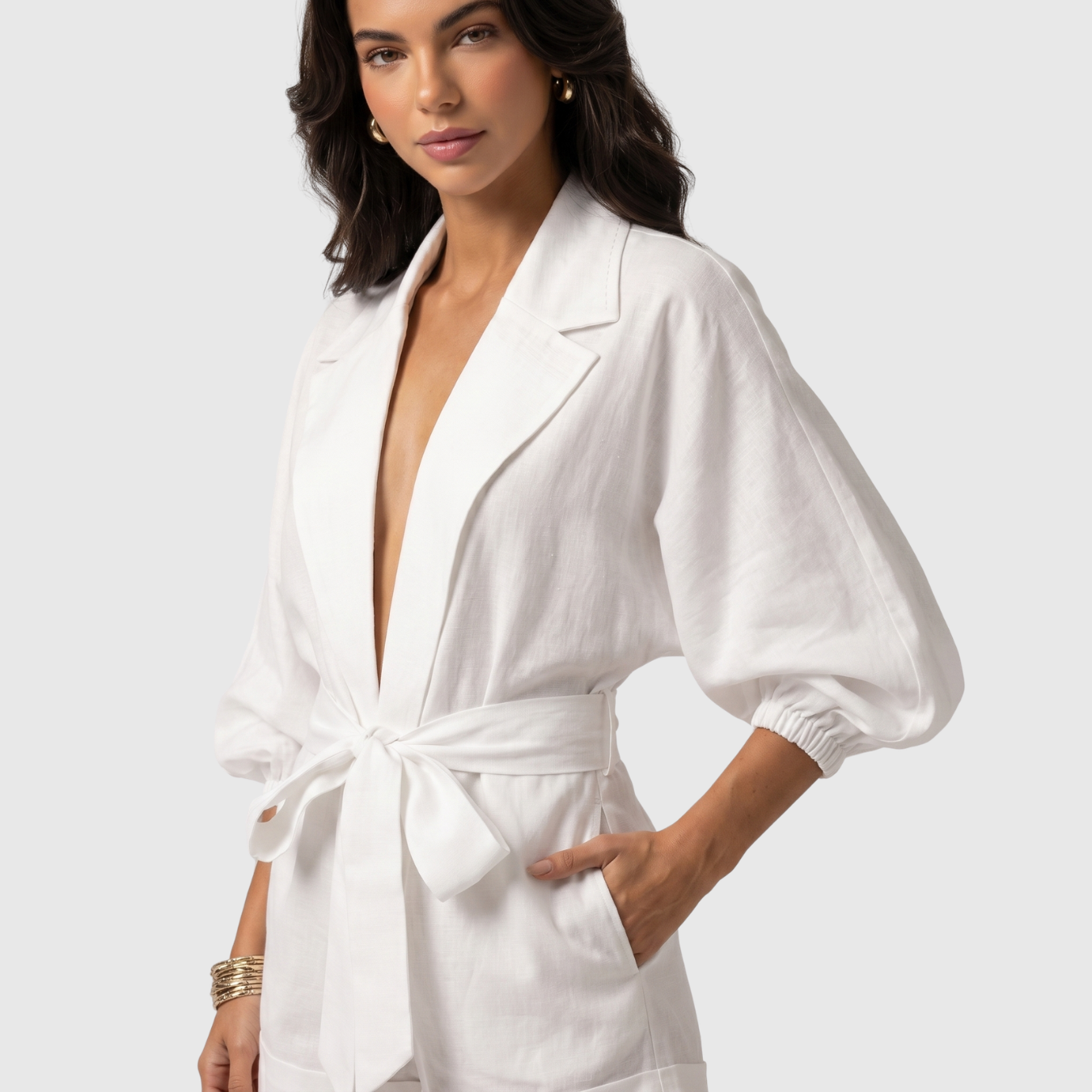 Combinaison short femme coton lin ceinturée manches longues