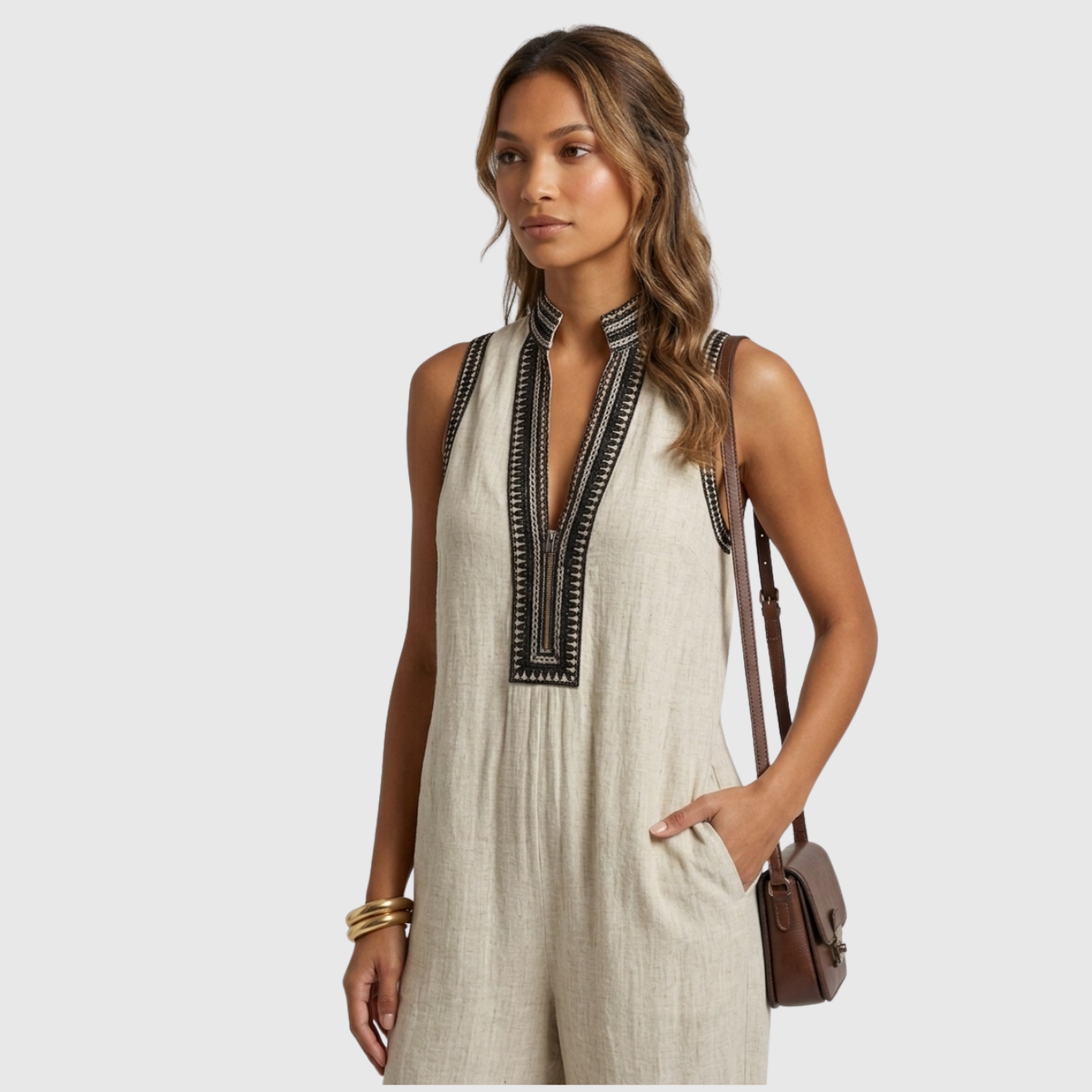 Combinaison femme sans manches mélange lin col montant zippé