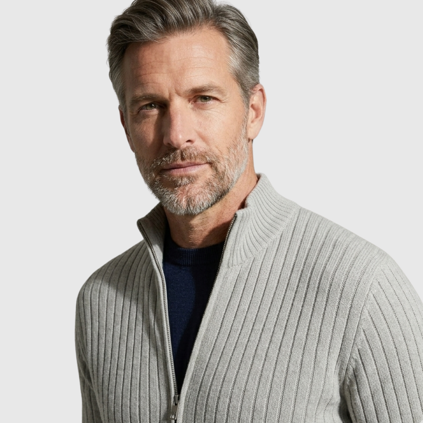 Gilet homme maille côtelée zippé col montant coupe ajustée