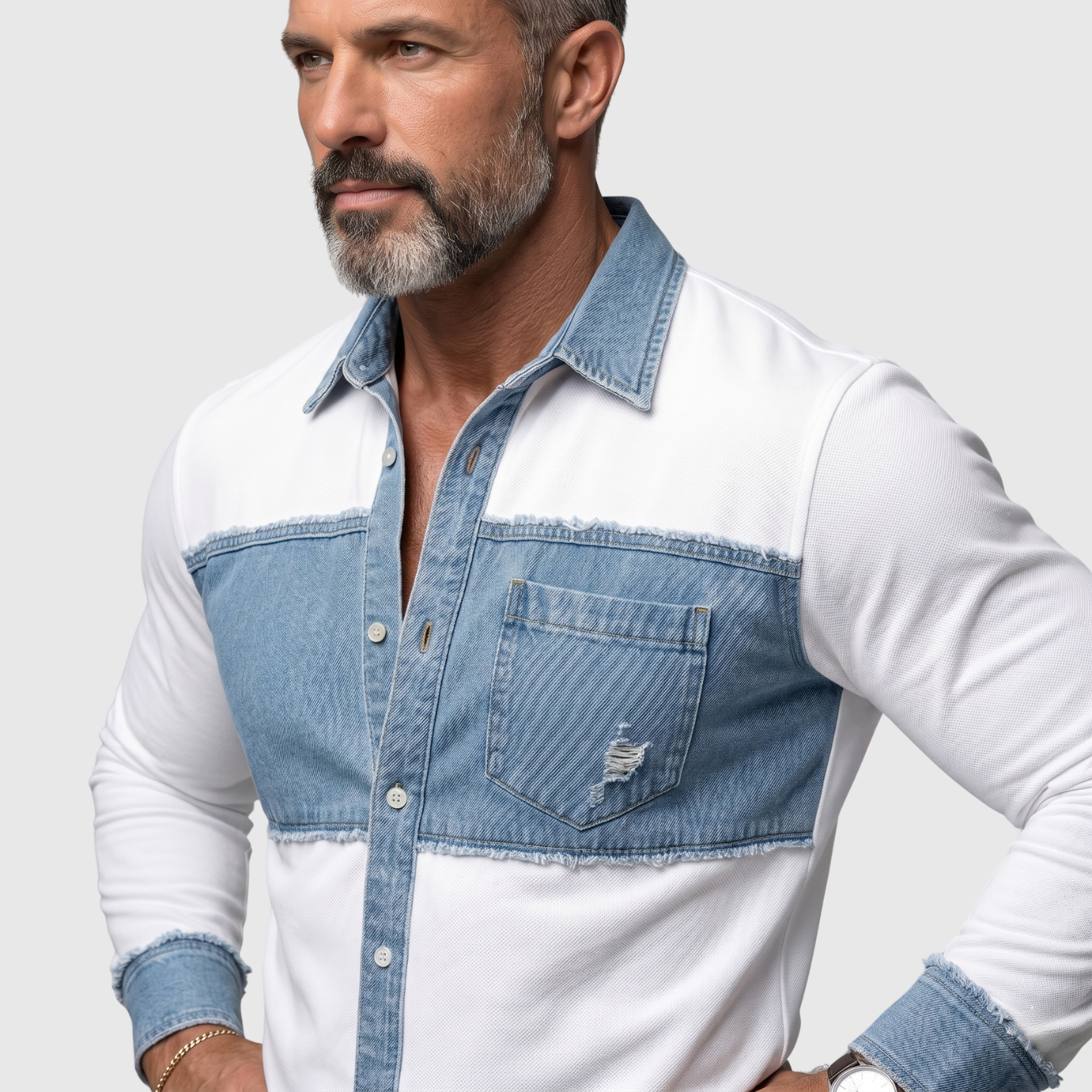 Chemise homme patchwork denim coupe ajustée manches longues