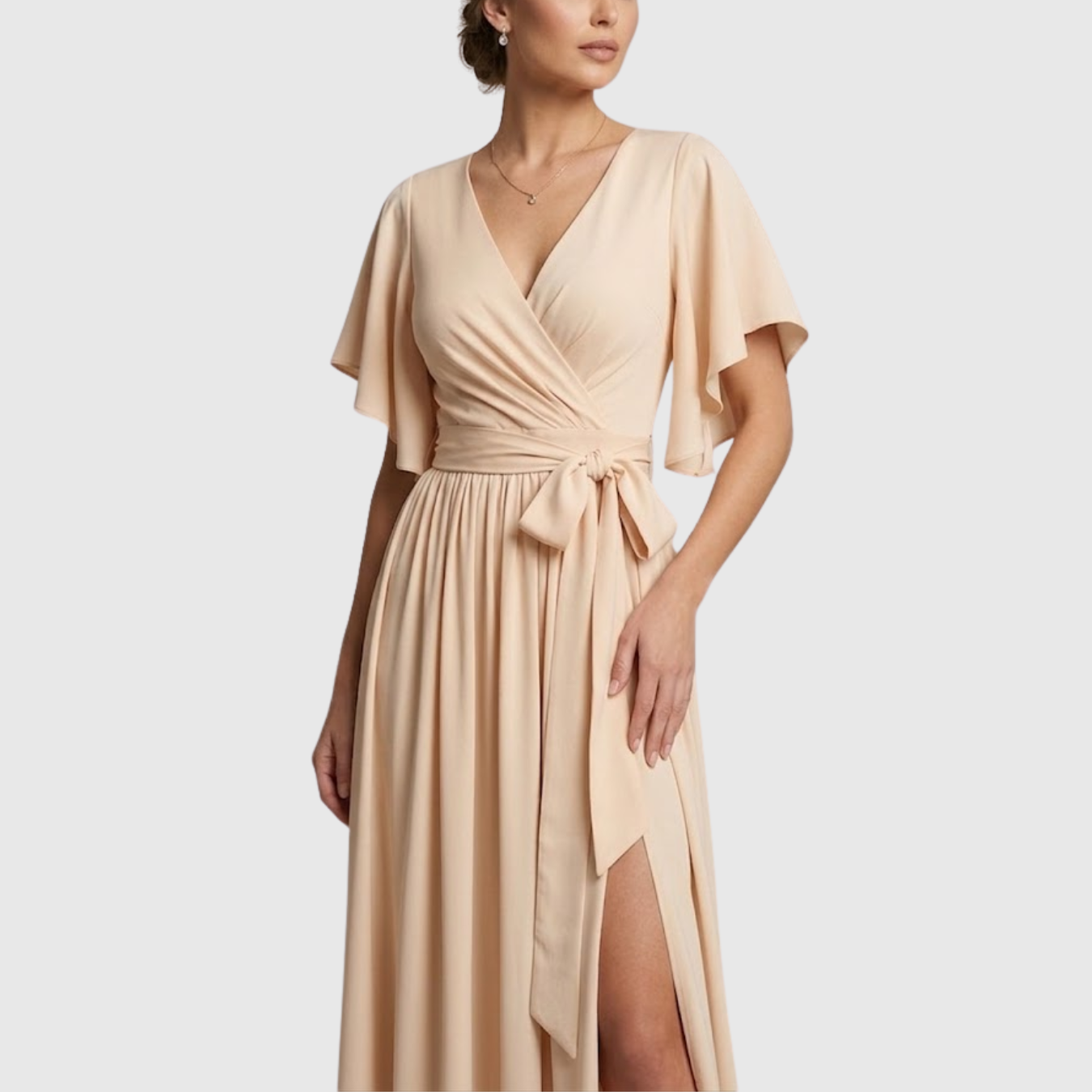 Robe demoiselle d’honneur longue portefeuille manches volantées formelle