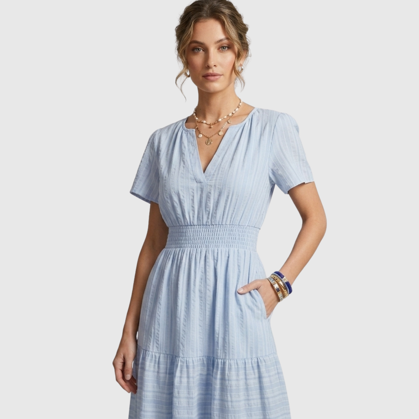Robe longue femme bohème col V manches courtes coupe fluide